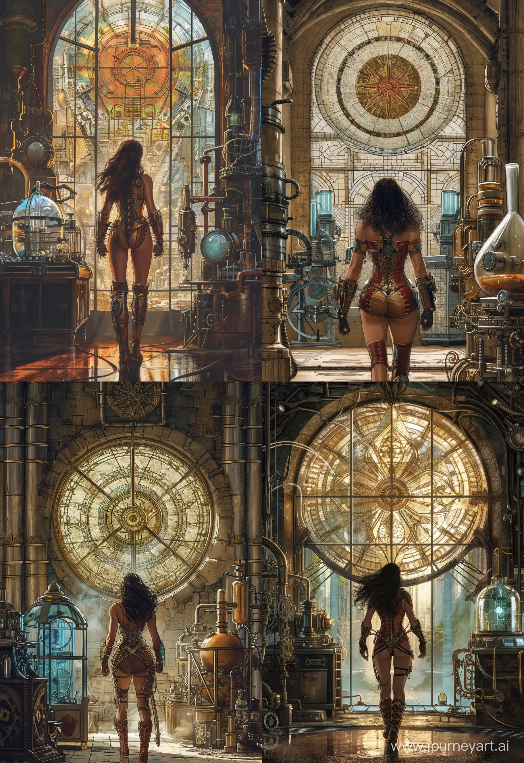 Women Amazon warrior in the steampunk style of the Victorian era walks through the magic lab with mechanisms and laboratory devices, big mosaic window, Jim Lee style, features, ancient, highly detailed, complex, golden ratio composition, --v 6.0 --ar 11:16 --style raw