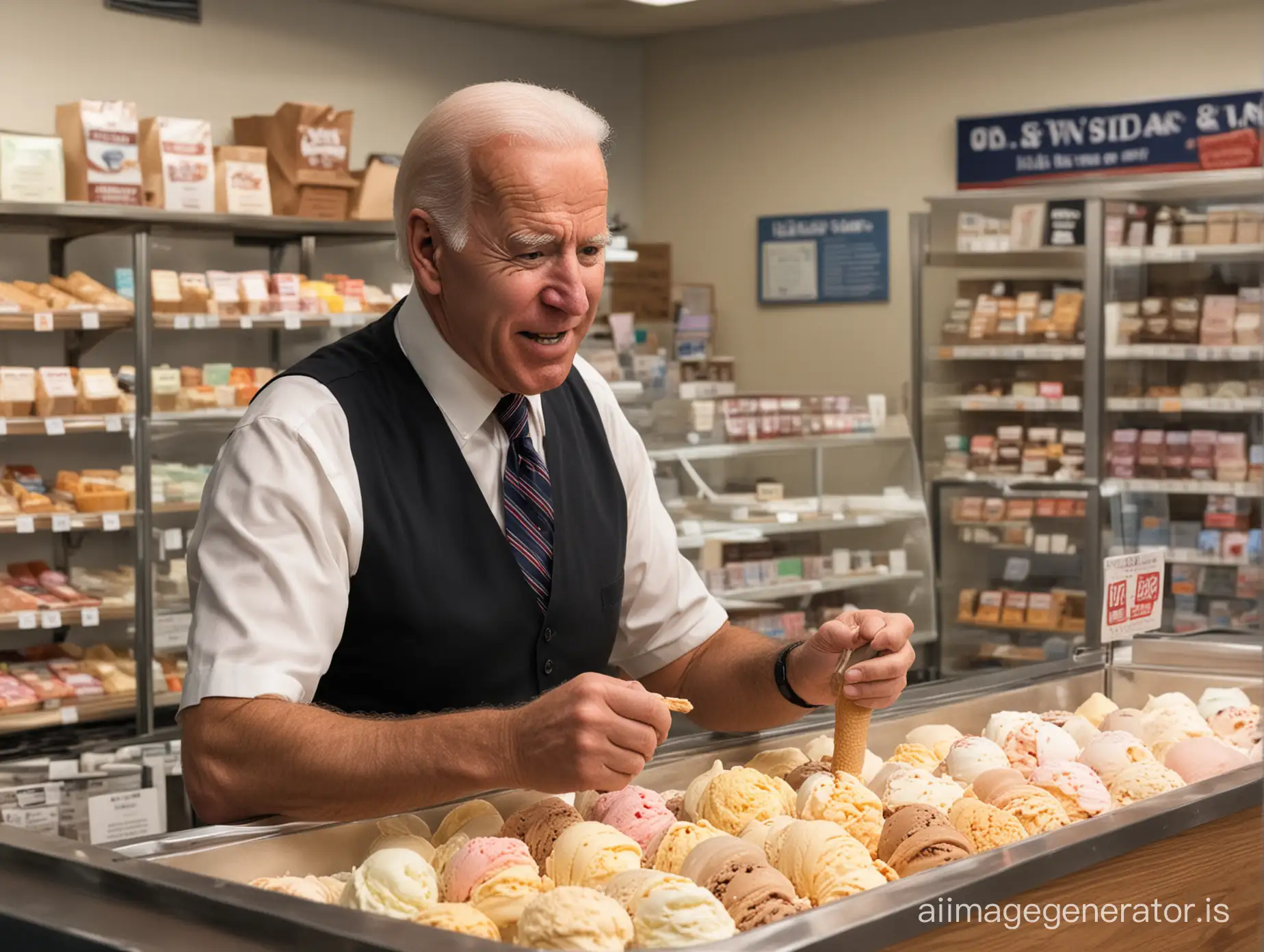 Simuliere Joe Biden, wie er Bestellungen im Eisladen entgegennimmt und die Qualität der Produkte im Laden überprüft.