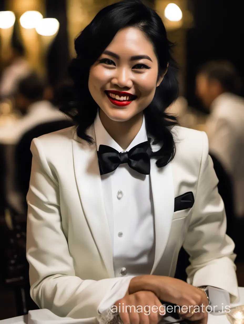 30 year old smiling vietnamese woman with shoulder length black  hair and lipstick wearing a tuxedo with a black bow tie.  (Her shirt cuffs have cufflinks.(  Her jacket has a corsage. She is at a dinner table.