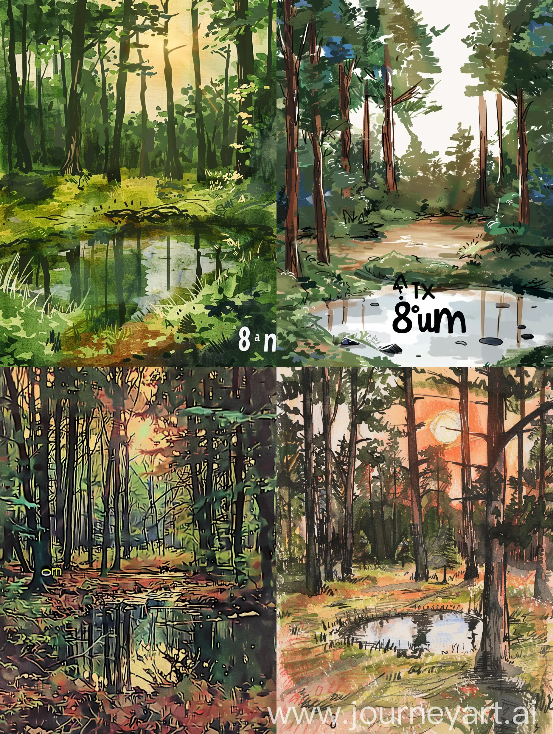 Generate an image of a forest sketch with colors, small pond, showing the time around 8am
