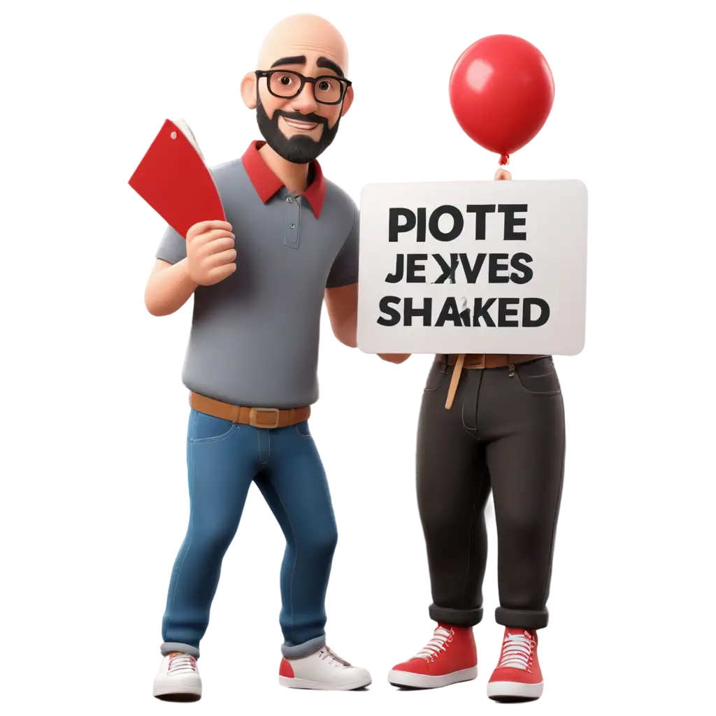 a disney pixar style man, pot-bellied, bald, with glasses and a beard, wearing jeans, a gray shirt with red collars, black sneakers, holding a sign