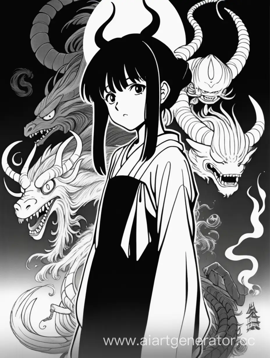 anime demon women,  black abd white colors, Ghibli art style, Spirited Away art style,