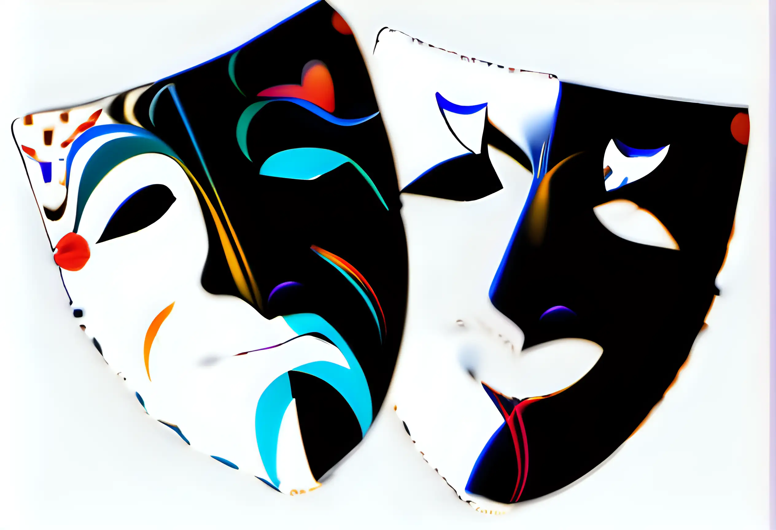 please give me a vibrant colorful ethnic and whimsical version of the Greek tragedy masks used to symbolize acting using dark blue, bright reds, sunset orange  and make the faces, male, female and heart shaped