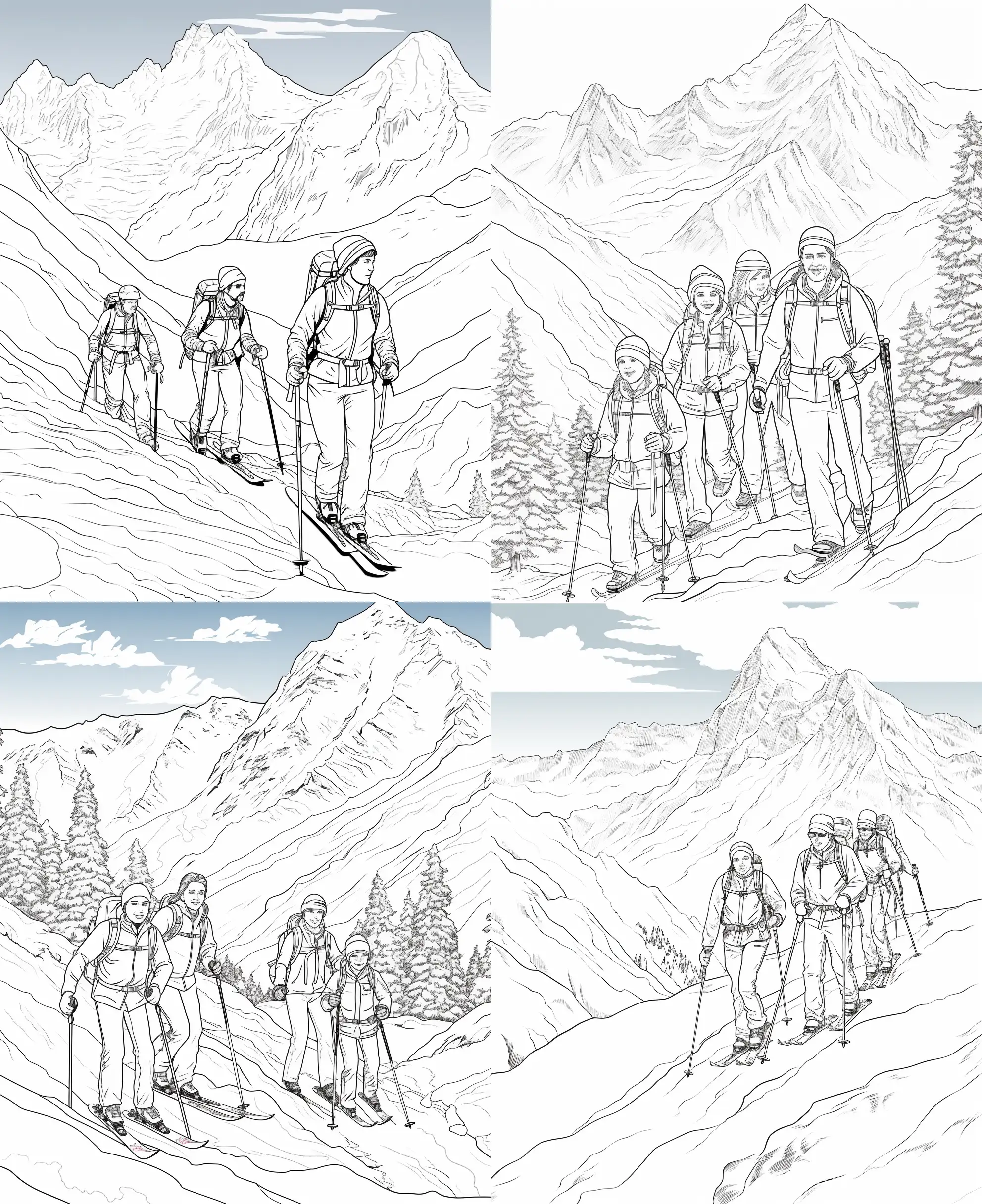 a family of four skiing down a snowy mountain, coloring page, clean line art, --ar 9:11

