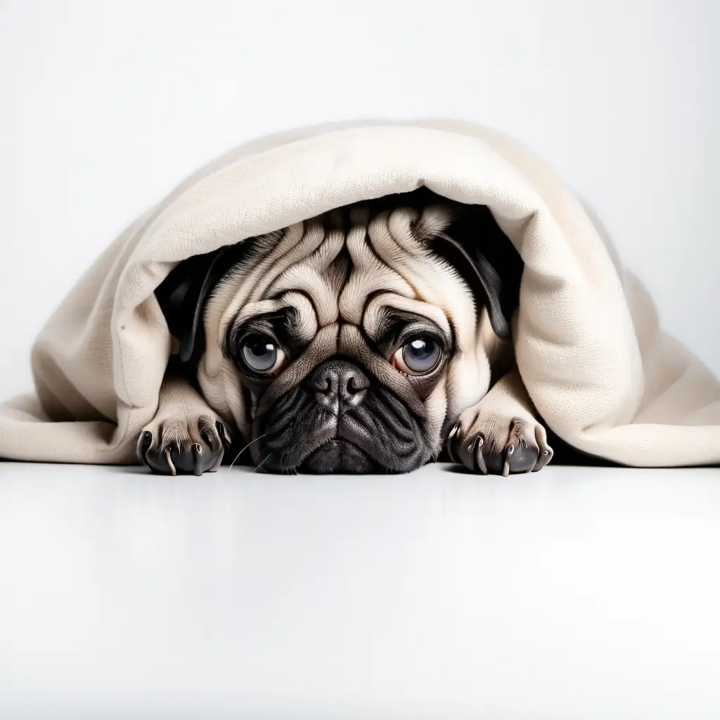 pug qui se cache sur un fond blanc

