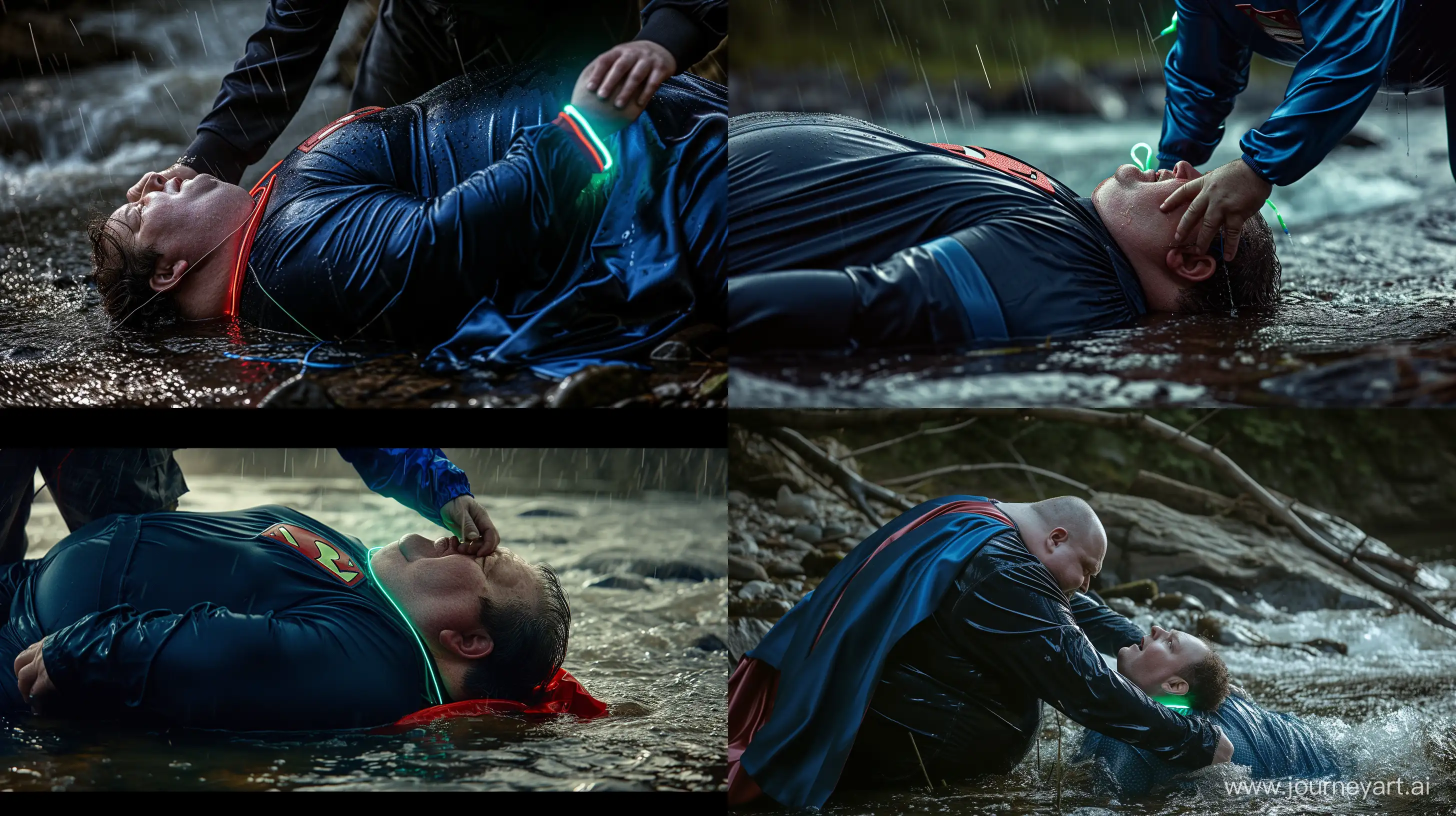 Close-up photo of a fat man aged 60 wearing a navy silk black tracksuit with a blue strip on the pants. He is pulling the head of a fat man aged 60 wearing a tight blue 1978 smooth superman costume with a red cape and a tight green glowing neon dog collar lying in the rain. Natural Light. River. --style raw --ar 16:9