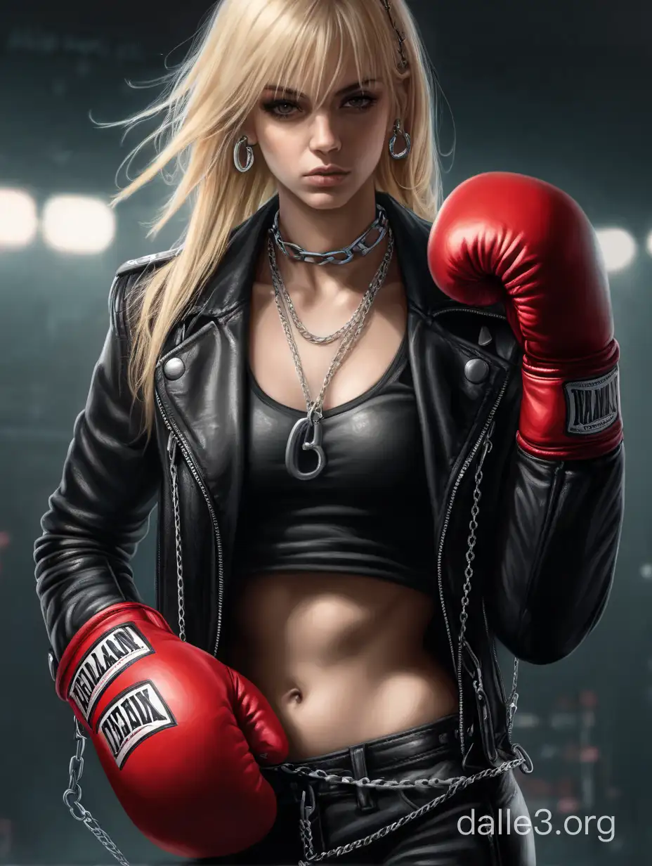 Девушка, крутая, блондинка, в красных боксерских перчатках, боец, женственная, черная кожаная одежда, цепи