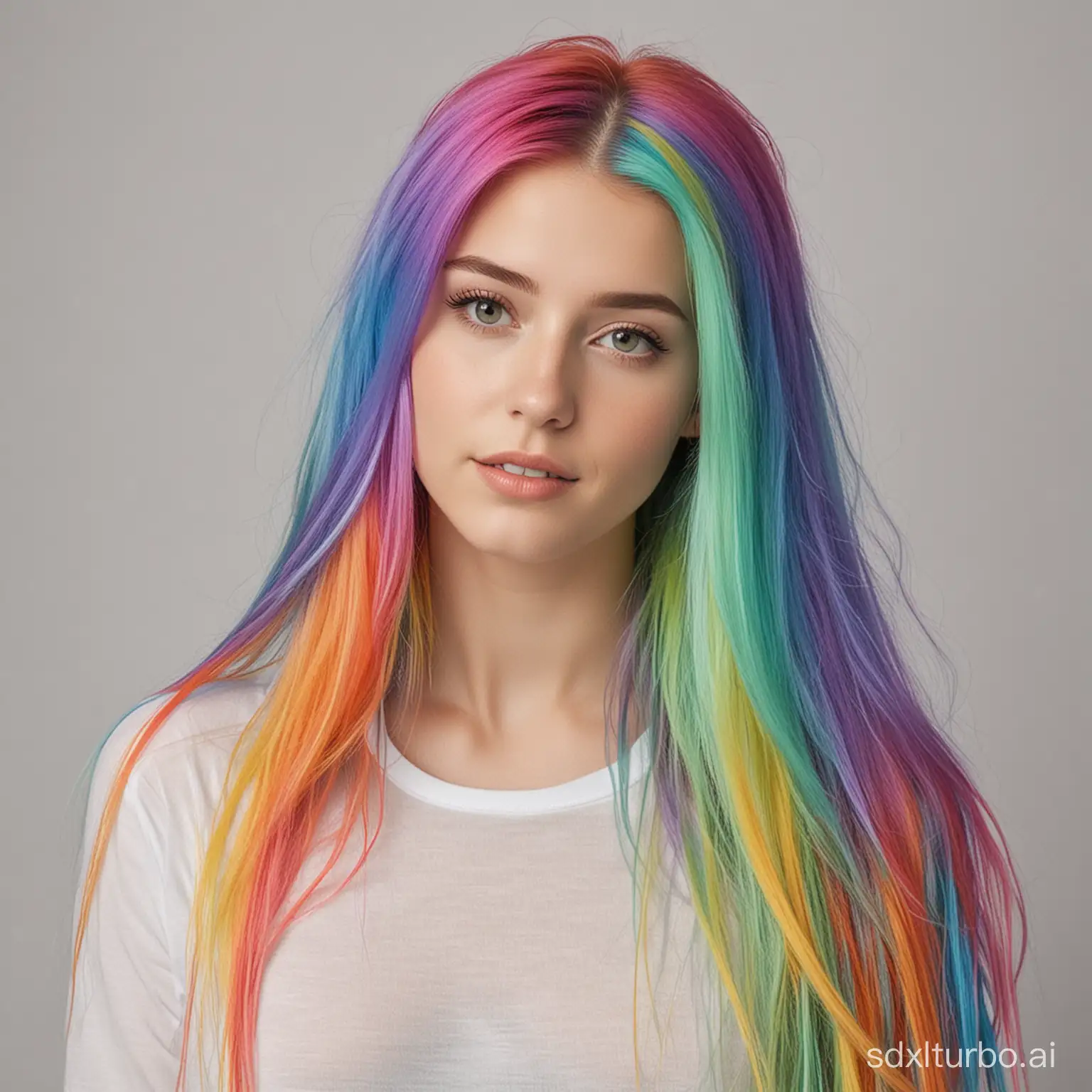 A long-haired girl with rainbow-colored hair