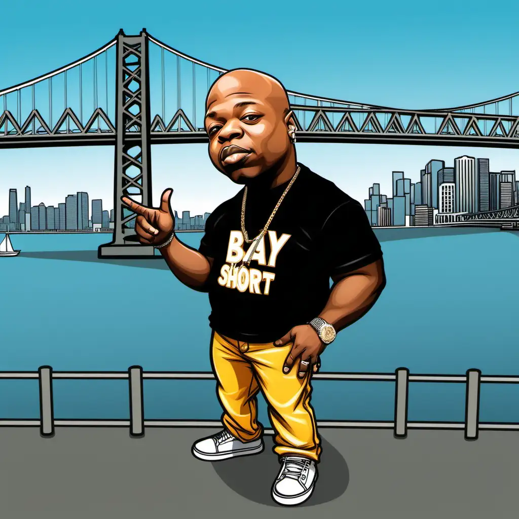 create a cartoon image similar to the rapper Too Short with the Bay Bridge in background with the caption “what’s my favorite word?”