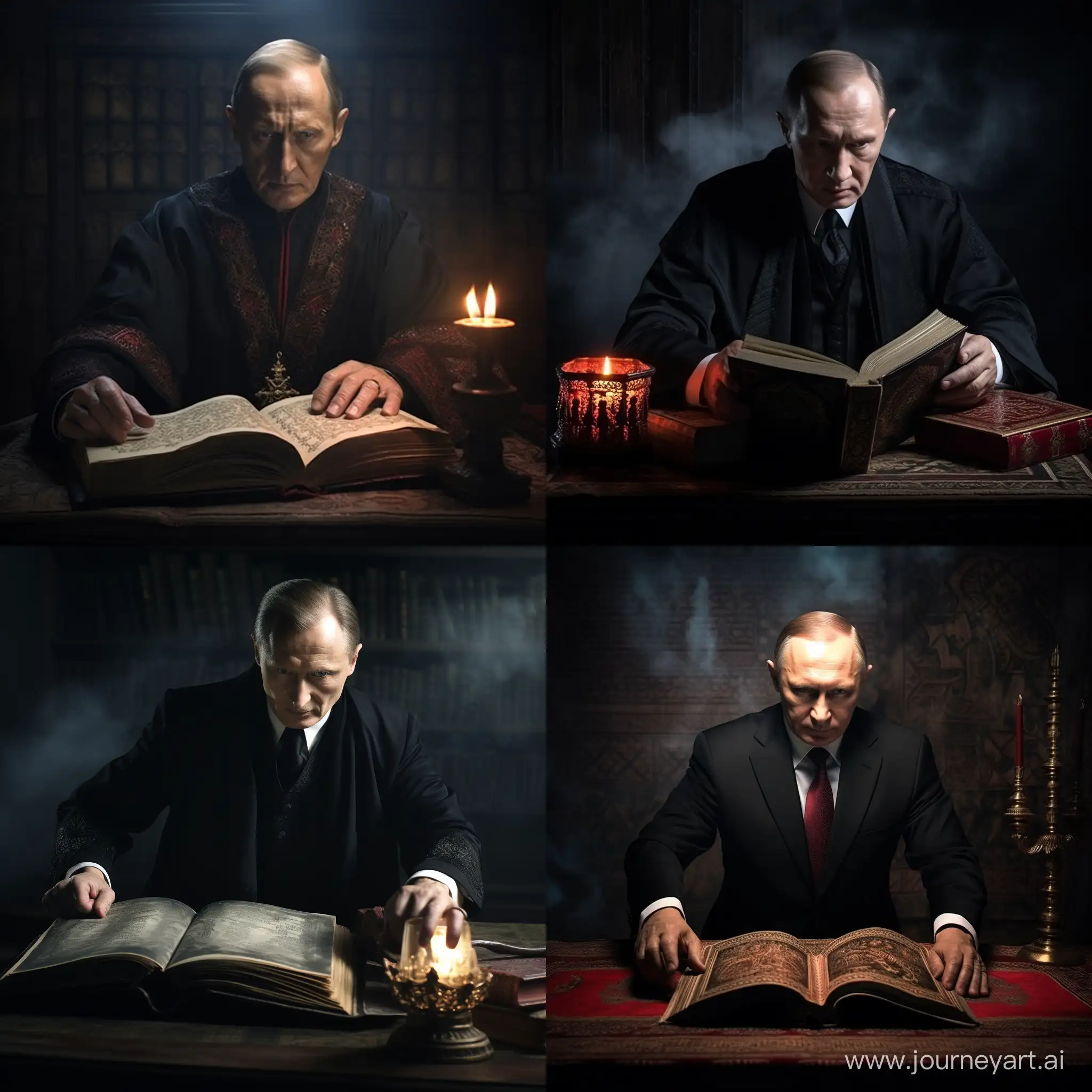 Portrait, Vladimir Putin demonstrates the viewer an open book, an ancient enigmatic tome, very dark office, Mysterious atmosphere, detailed, professional photography, cinematic lighting, hyper realistic, post processing