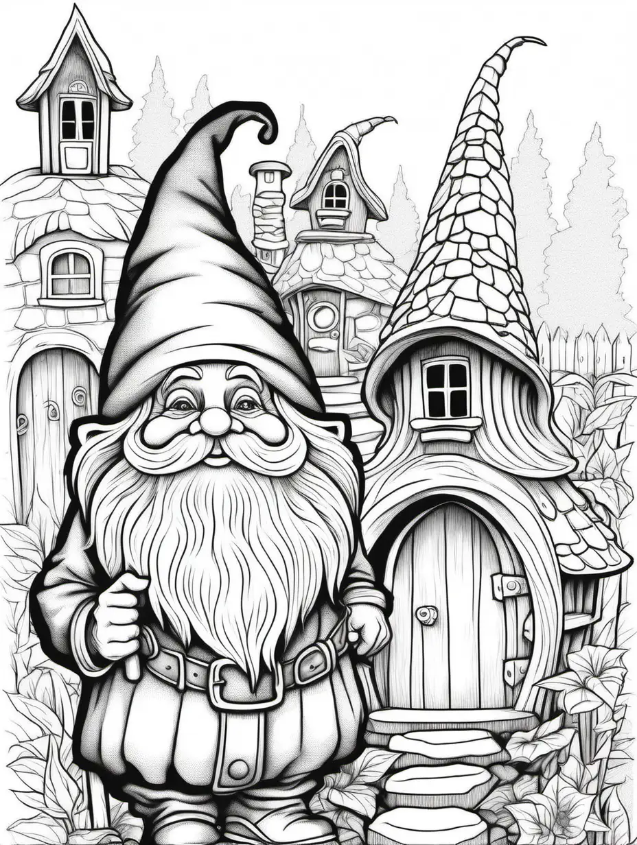 Gnome eldery, gnome homes in background , line drawings, coloring book page
