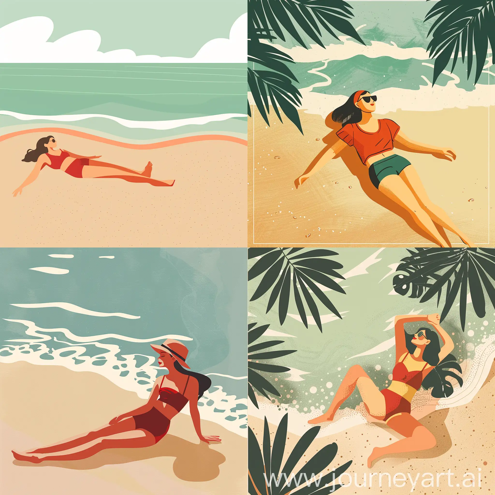 Woman-Relaxing-on-Beach-Minimalist-Summer-Scene-in-Flat-Illustration-Style