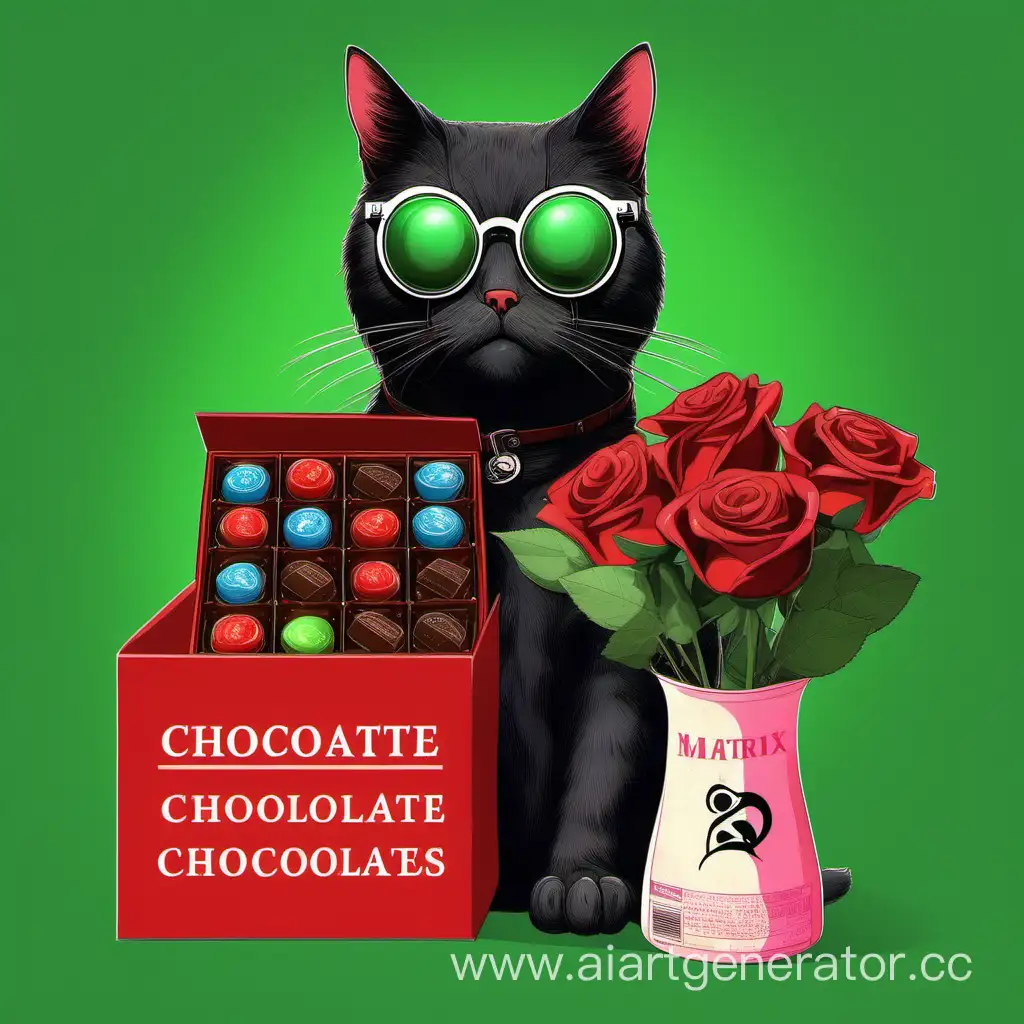 кот в черных круглых очках, держит в левой лапе букет красных роз, в правой лапе коробку шоколадных конфет, на заднем фоне зеленый код из матрицы, реализм