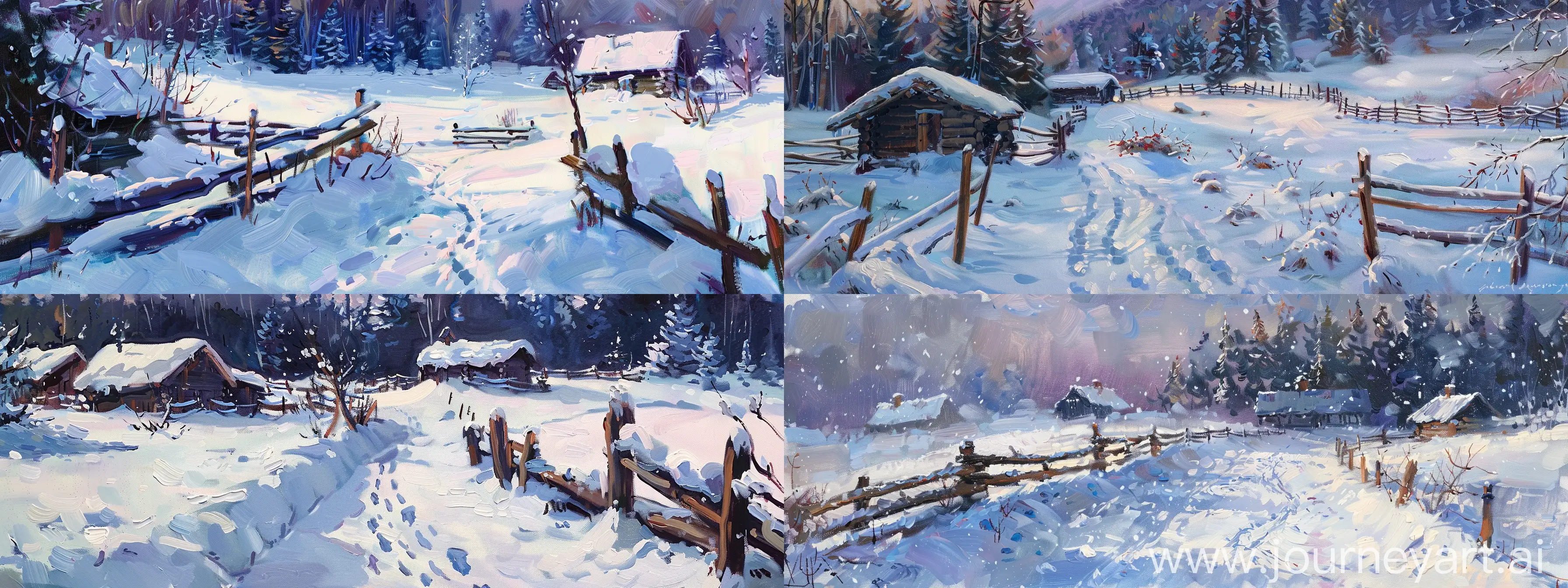 The oil painting depicts a serene winter landscape with a thick blanket of snow covering the ground and rooftops. The scene includes a wooden fence, footprints leading to wooden chalets, and a forest in the background. The colors used are various shades of white and blue for the snow, dark brown for the wooden elements, dark green for the trees, and pale blue with hints of purple and pink for the sky.
Create a serene winter landscape painting featuring a snowy scene with wooden fences, footprints leading to wooden chalets, and a dense coniferous forest in the background. Use shades of white, blue, dark brown, dark green, and pale blue with hints of purple and pink to capture the essence of a peaceful winter day. Pay attention to details like snow textures, wooden structures, and tree branches laden with snow --ar 16:6 --c 3