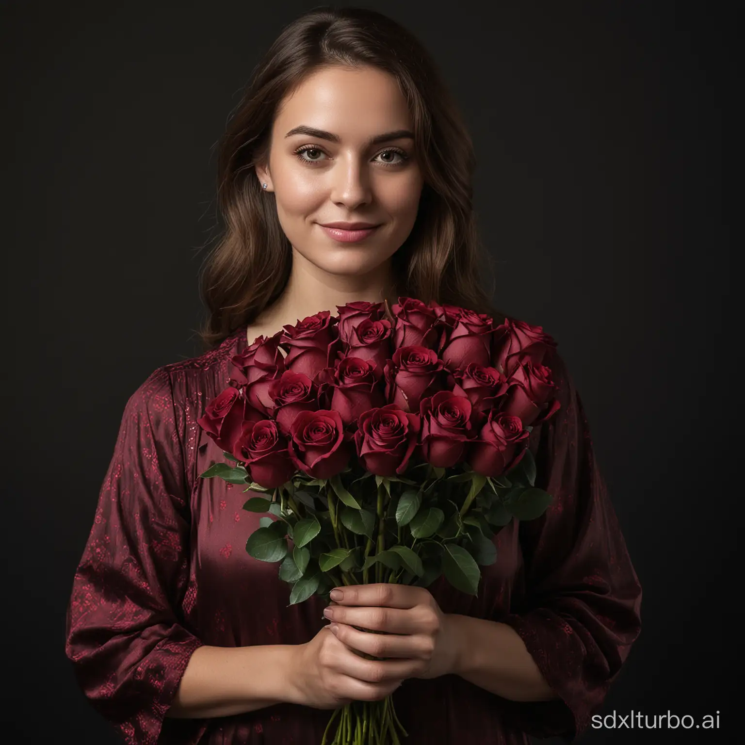 A woman holds 101 burgundy roses of the madame red variety in her hands. behind the girl is a monochrome black background. The girl is in semi-darkness behind. But the bright evenly diffused light falls evenly on the girl herself and on the bouquet of roses. the woman is about 35 years old
