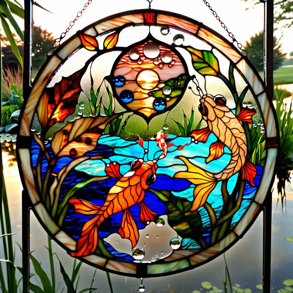   stained glass, rustic,  1 frog, 1 koi , 1 fish, a shrimp, in a pond, dew drops, sunset