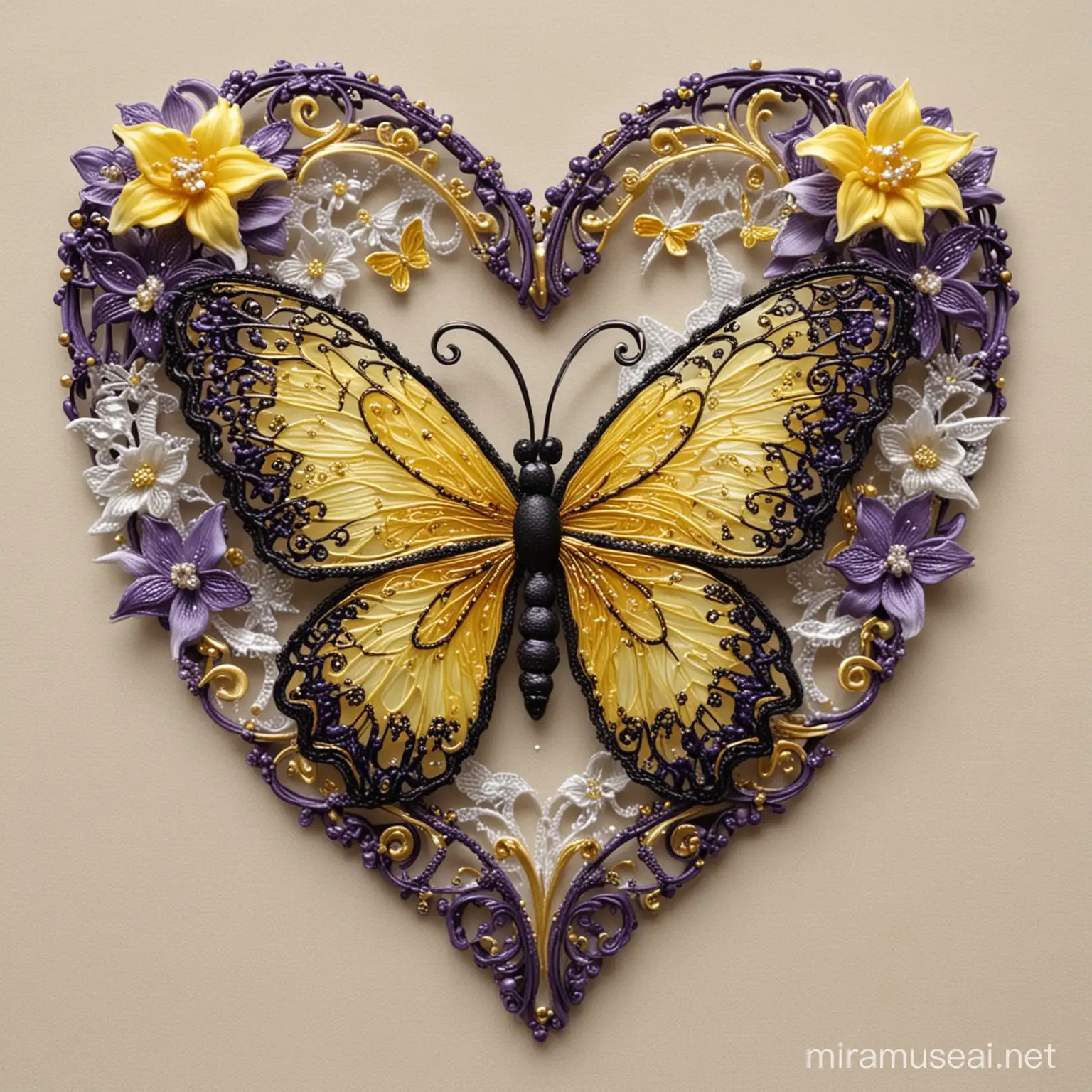   beautiful filigree lacey butterfly, glitter heart, daffodils, beautiful beach, dark royal purple, lemon yellow, bronze, black, mother of pearl white, Thomas Kinkade
