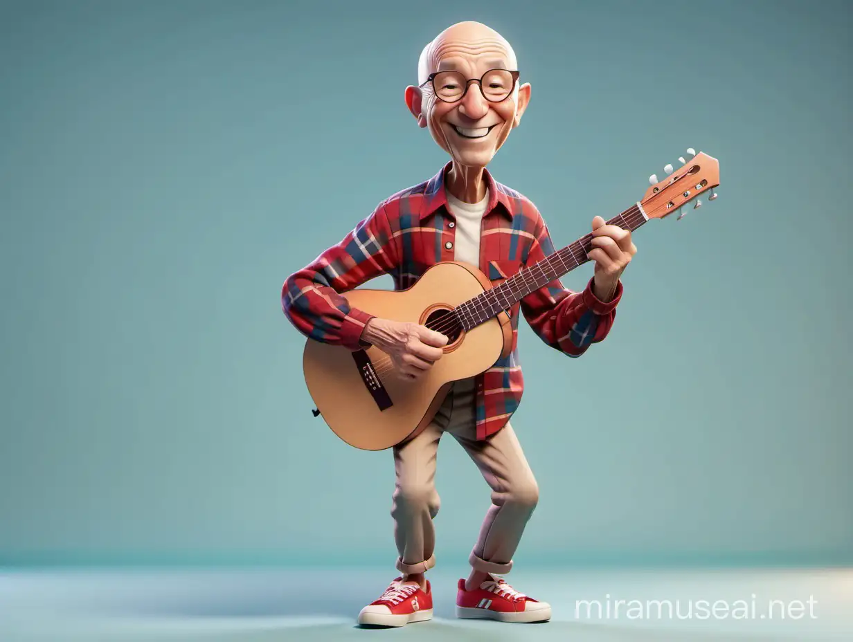 A cartoon-style image, an elderly man, no hair on his head, tall figure, smiling, light skin color. dressed in a plaid shirt and red pants and sneakers. with classical guitar