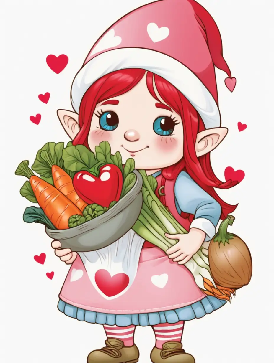 Adorable Gnome Girl with Valentine Vegetables Heartwarming Cartoon Illustration