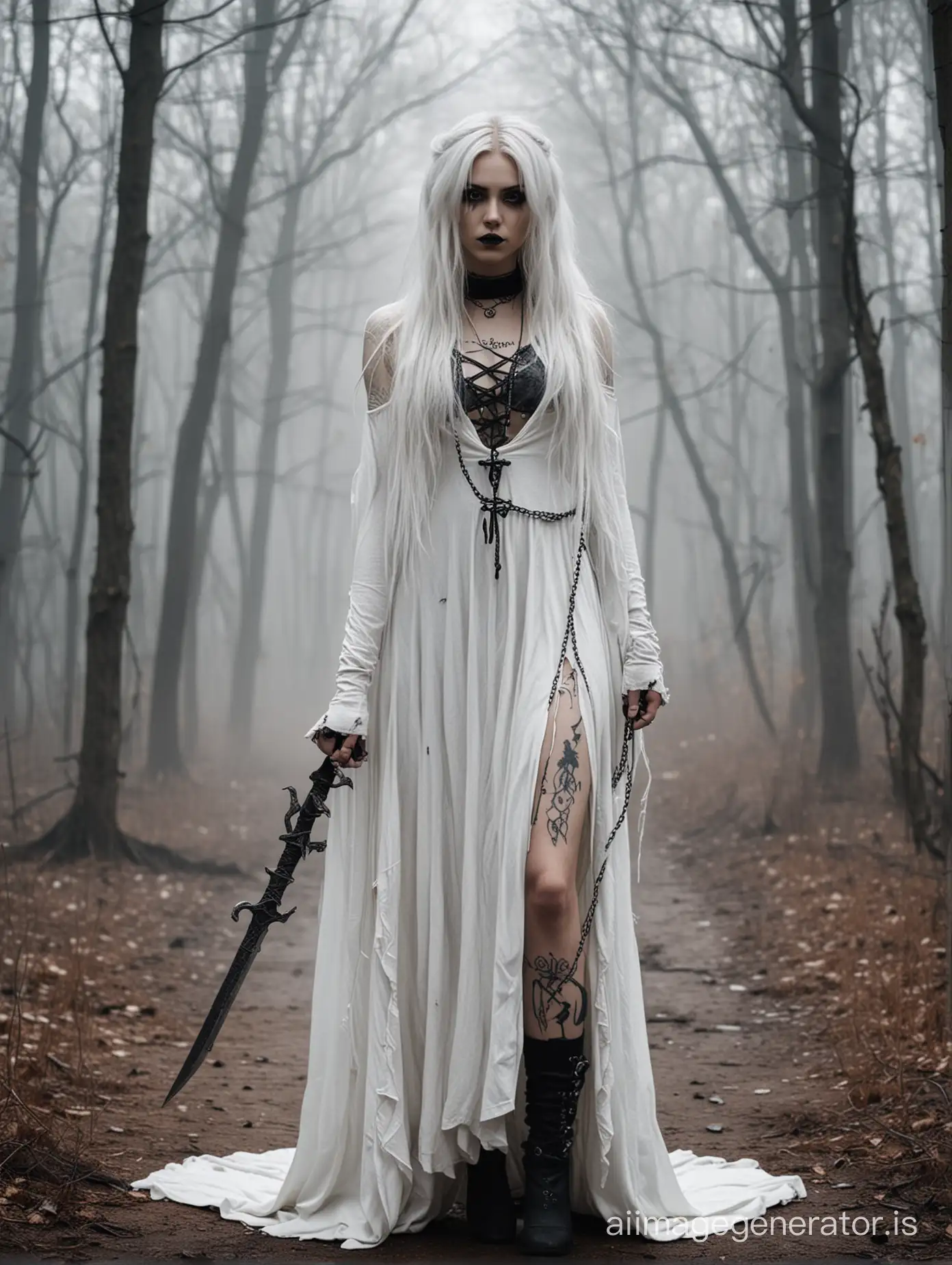 Young girl spooky skinny goth wearing a ripped up, dirty white full length dress. very long white hair in a double ponytails and pale white color skin. black hooded cape. dark black running eye makeup. holding dagger with chains. tattoos and scars. foggy forest in the background