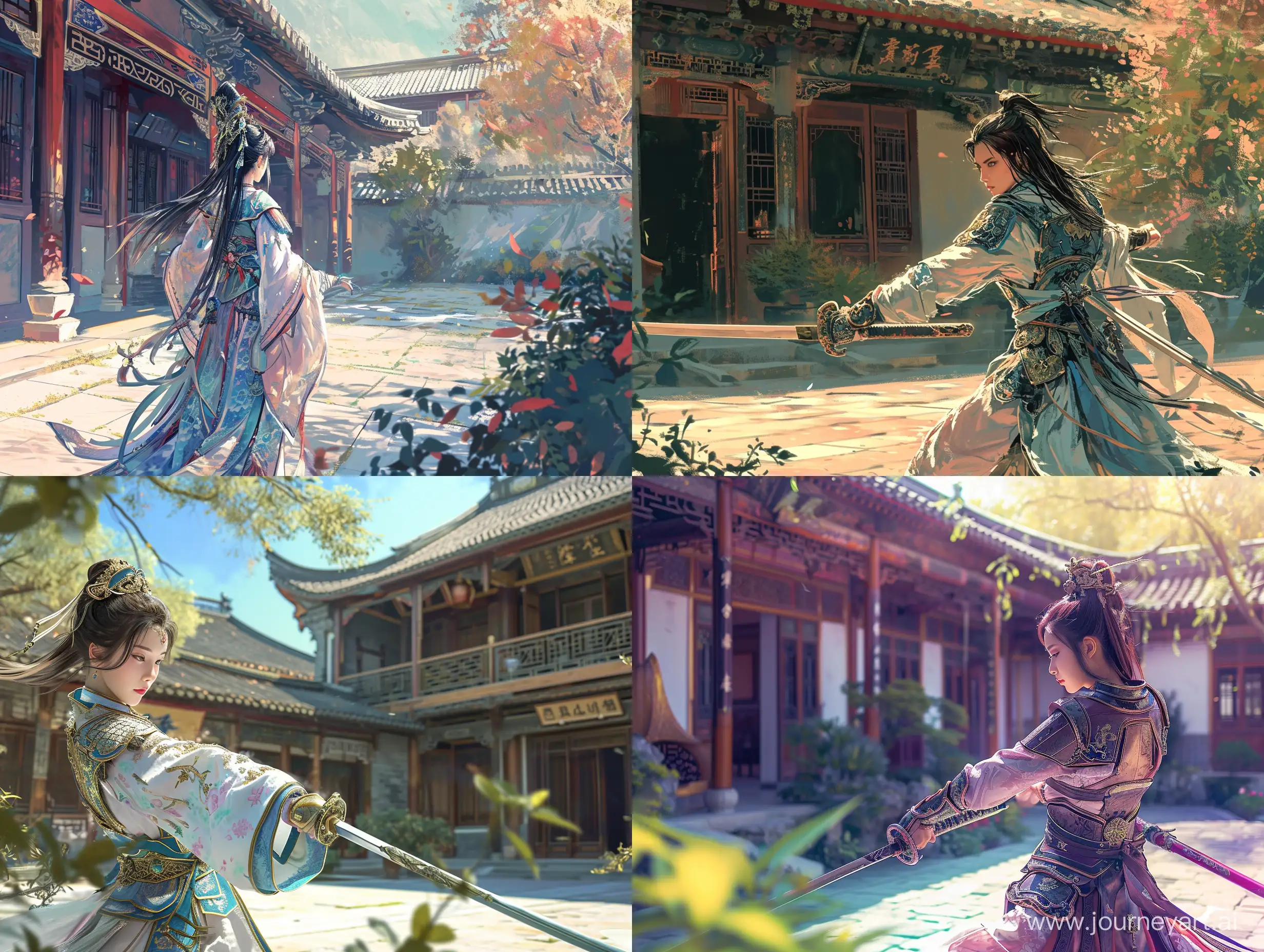 一座府邸的院内，一个美人穿着轻微的盔甲，正在练剑，彩色中国风，水墨画风格，二次元漫画，高清，高级感，大师之作，古代，东方美学。