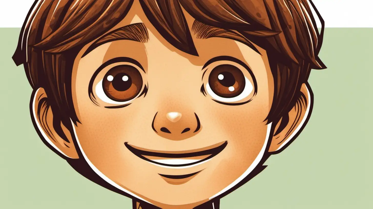 a close-up illustration of a ten-years-old brown hair boy's  face