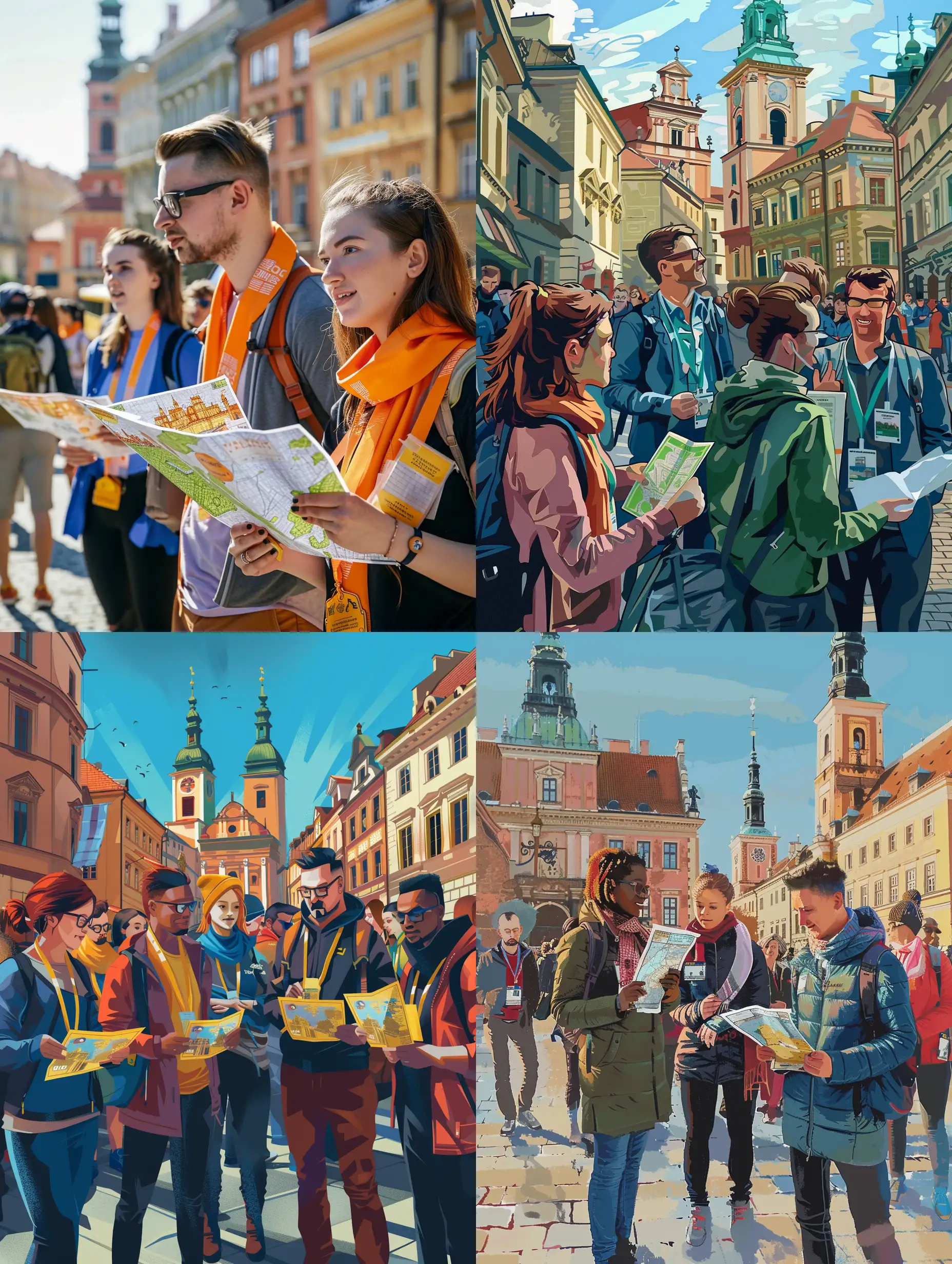 "Create an image that showcases a diverse group of people engaging in a city-wide treasure hunt in the historic and vibrant streets of Warsaw. The image should capture the excitement and teamwork of an urban game, with participants holding maps and interacting with landmarks. Include elements that suggest a corporate team-building event, such as matching team scarves or badges. The setting should be during the day with clear weather, and the architecture should reflect the unique character of Warsaw. The composition should convey a sense of adventure, collaboration, and discovery.