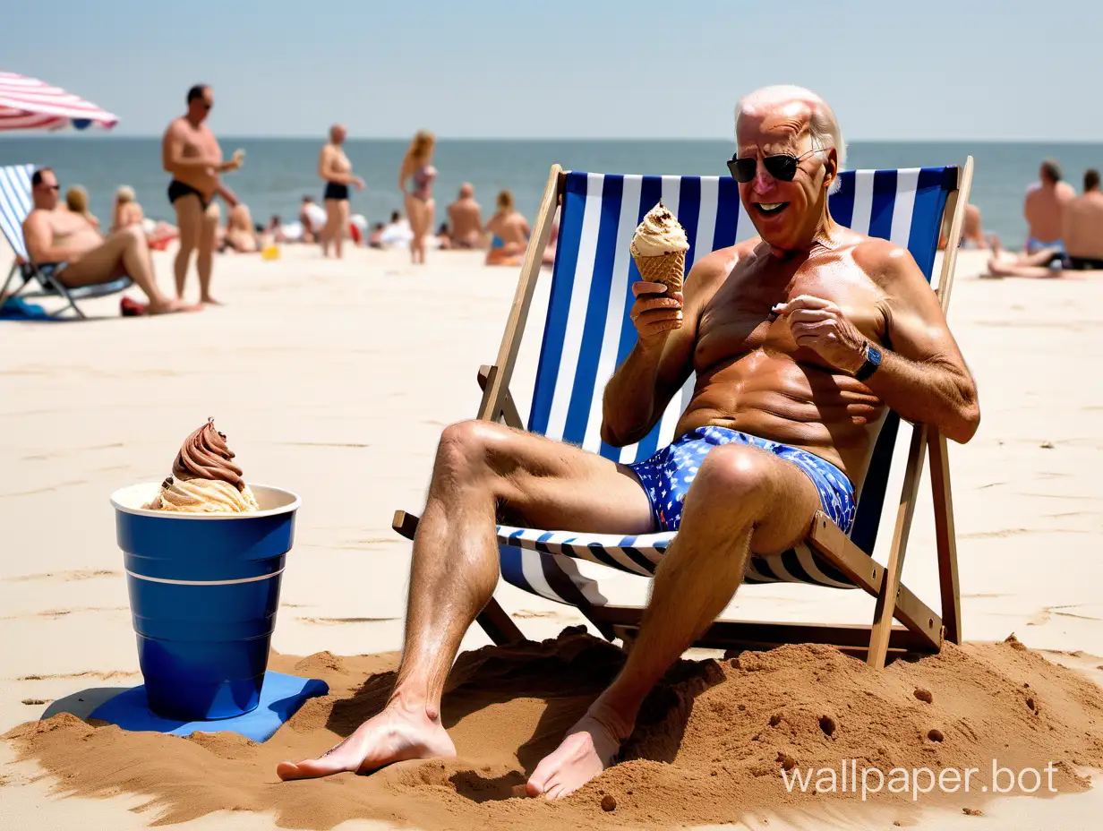 Joe Biden enjoys eating a chocolate chip ice cream, with his scrawny dad body wearing bathing trunks near a deck chair on the sandy beach. There is a sandcastle nearby.