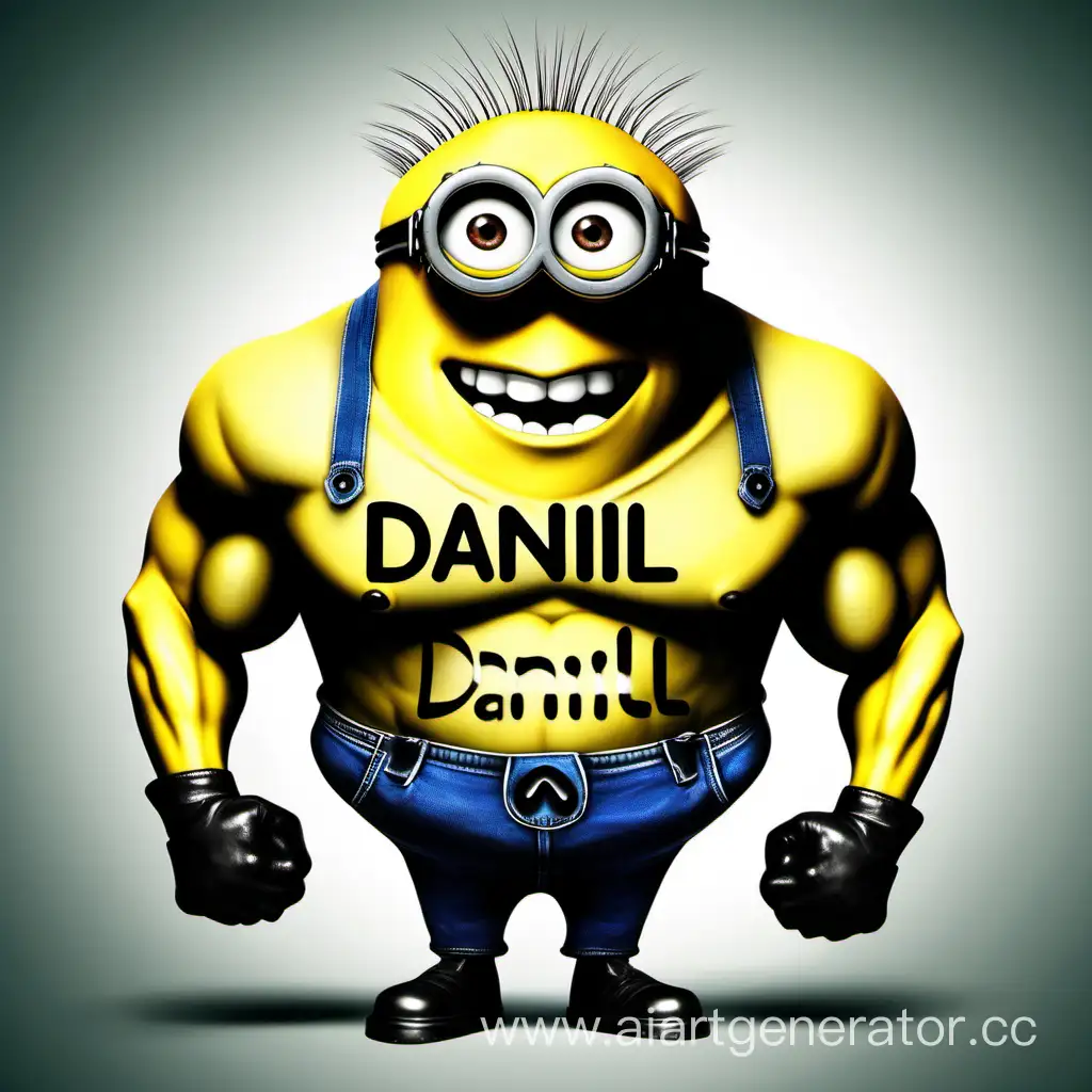 minion with huge muscles pumped with the inscription danil on the chest
