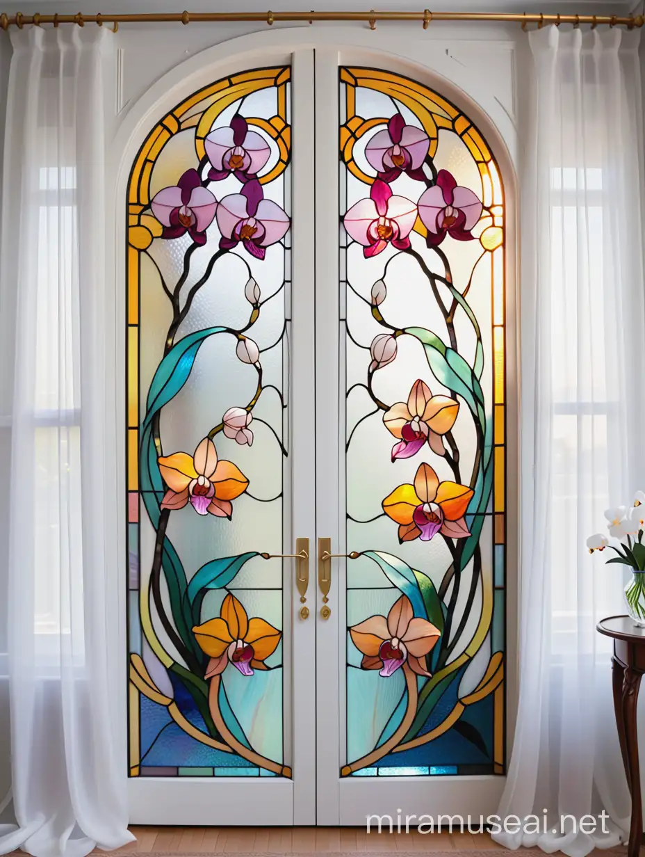 витраж цветочный орнамент с орхидеями, на двери, из желтого, оранжевого, розового, синего и белого стекла тиффани, в стиле ар нуво на фоне штор из белой органзы