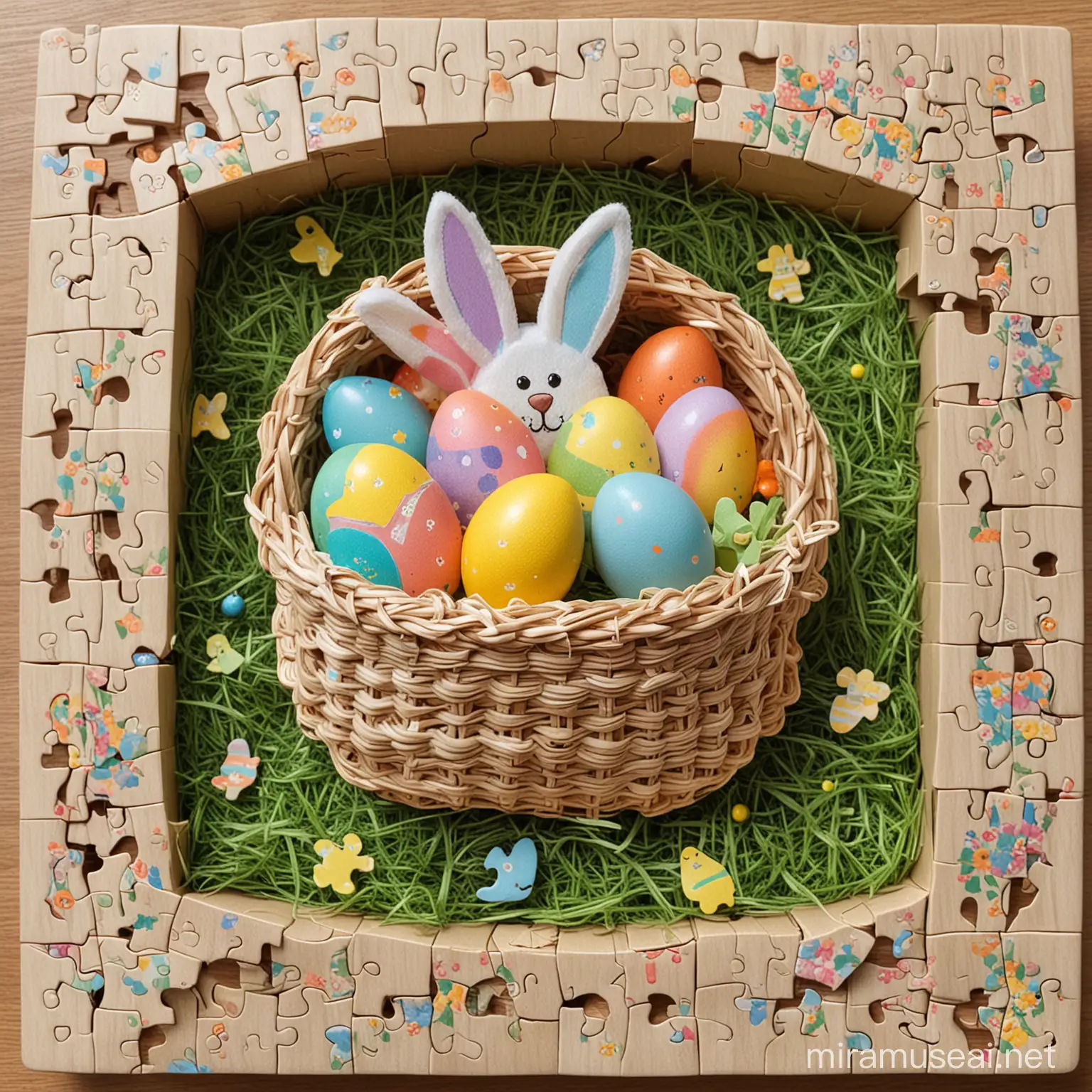 an Easter basket hidden under the puzzles so that children can guess what is hiding and what are they going to do at the craft master class