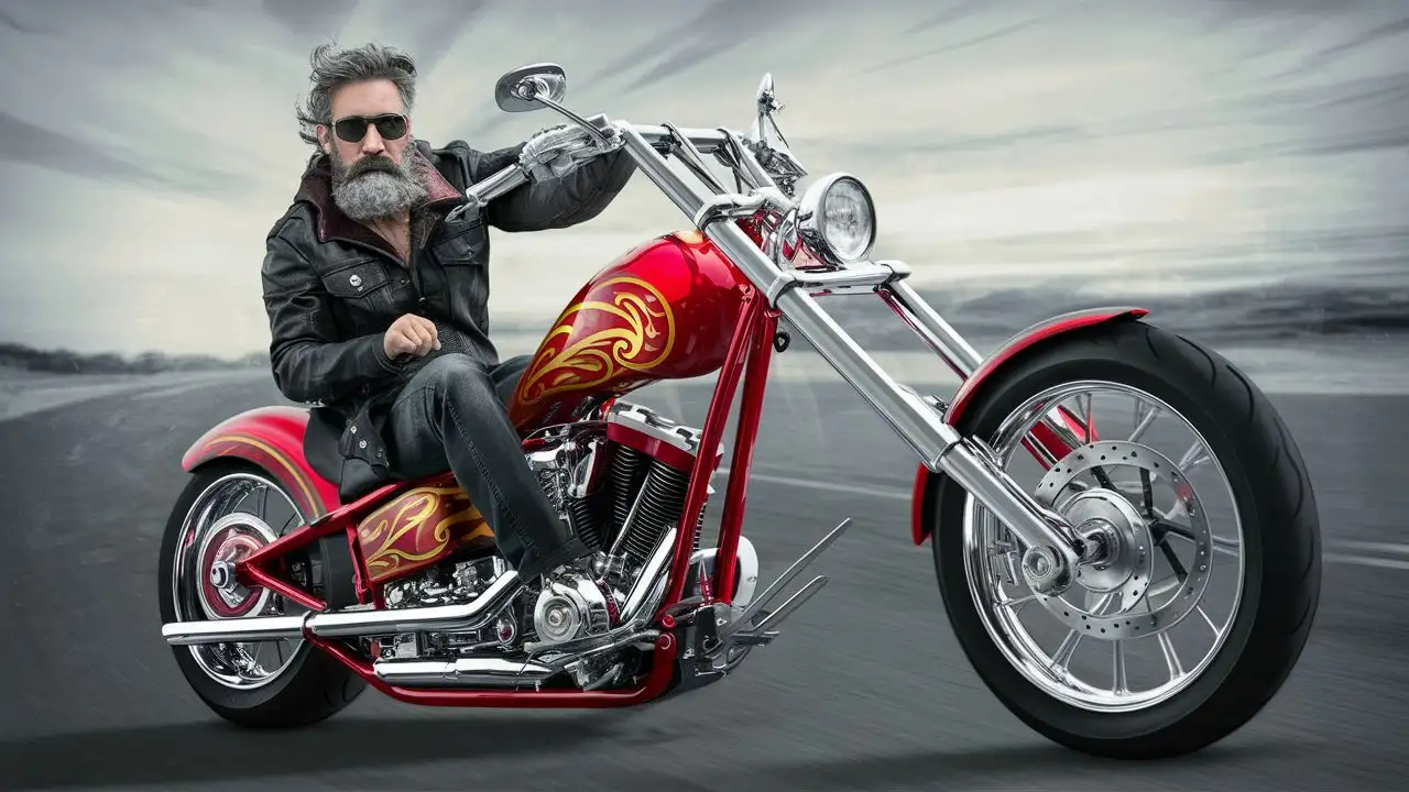 Bearded Man Riding Red and Gold Chopper