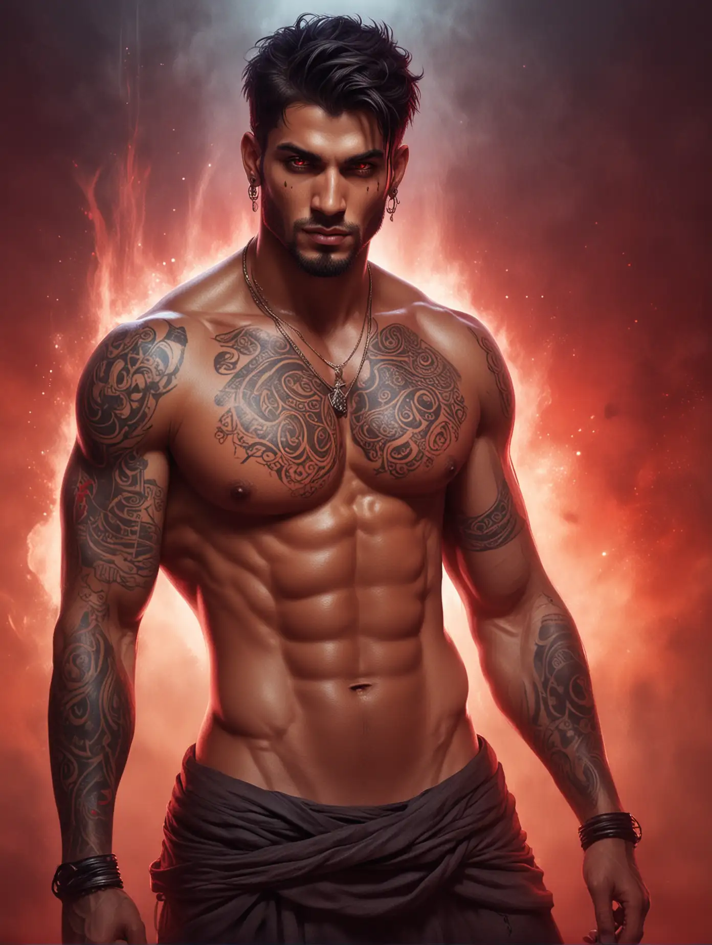 Illustration of a very handsome and sexy shirtless djinn with tattoos, nice abs, red eyes, red fog