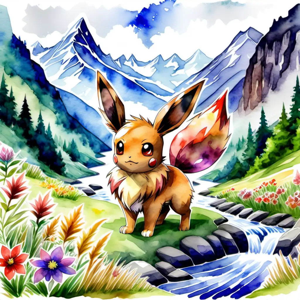 Colorful Watercolor Painting of Pokemon Eevee in a Meadow with Mountains and Rivers