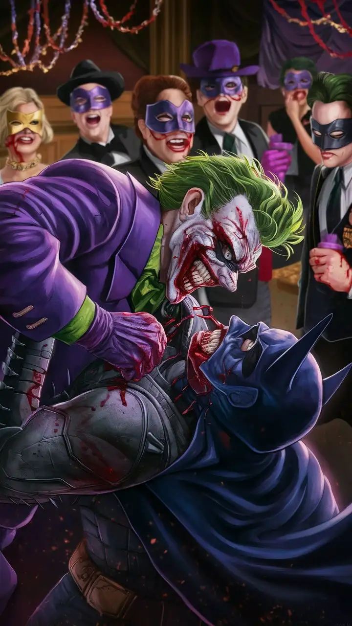 Joker and Batman fighting at a party. Joker is beating Batman and blood is oozing from Batman's face