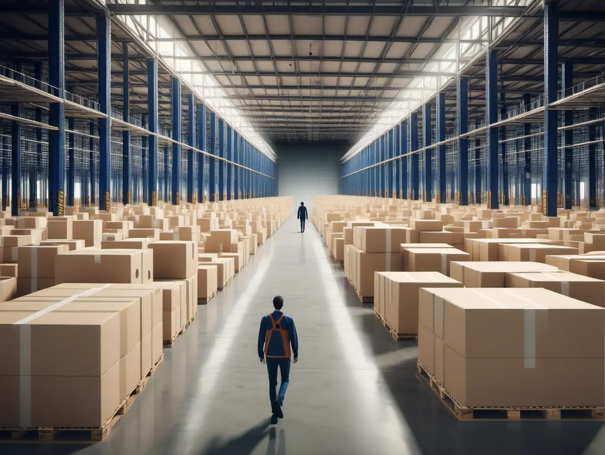 boxes placed with precision in a mega large warehouse, add a person walking in the center