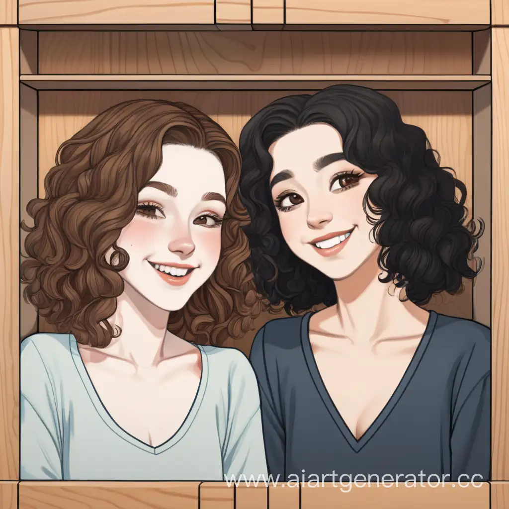 Romantic-Duo-Smiling-Women-in-Love-by-Wooden-Cabinet