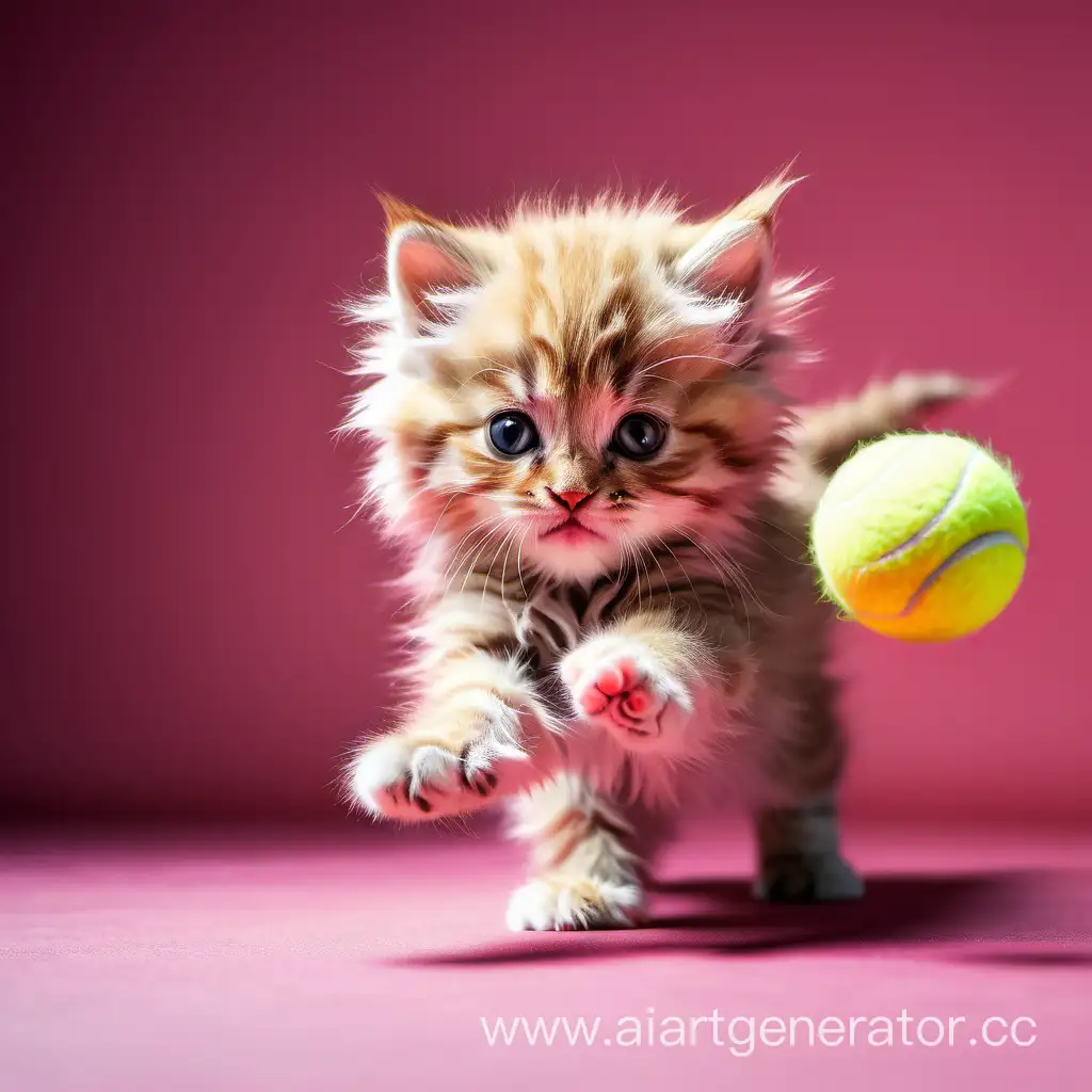 Розовый пушистый котенок, кинематографического качества, играет с теннисным мячиком