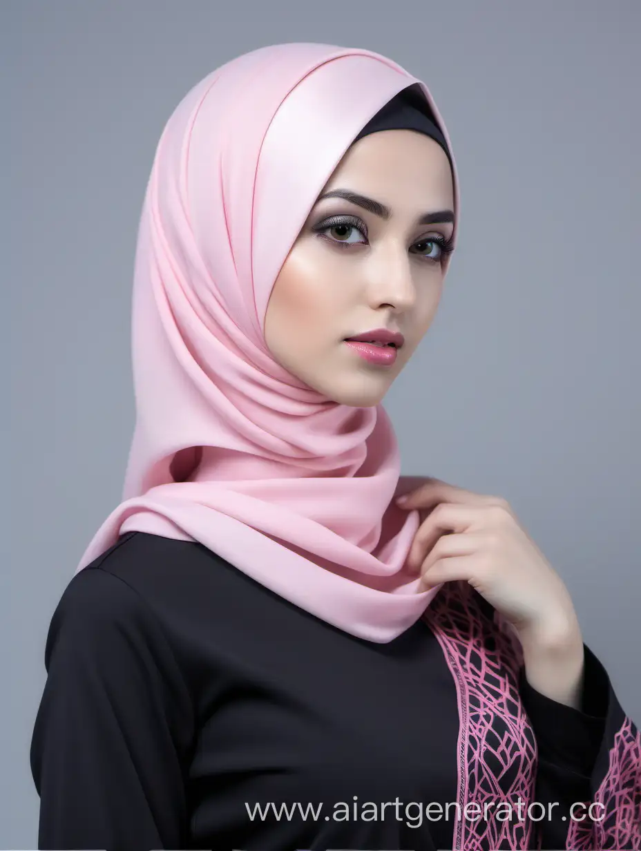 Девушка восточной внешности, хиджаб из атласа (ткань) розового цвета, черная блузка из атласа (ткань), высокая детализация, профессиональная фотография