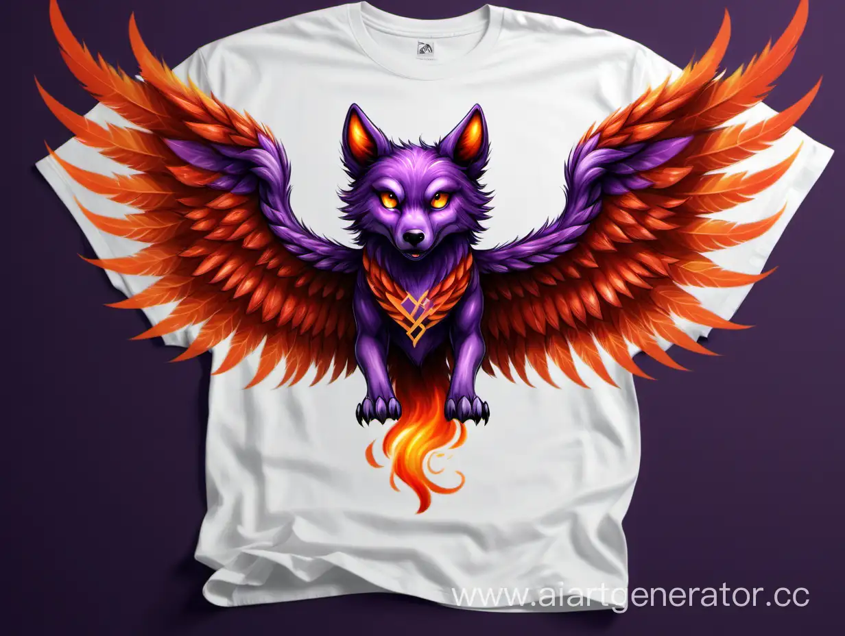 нарисуй волка с огненными крыльями, большими красно-оранжевыми огненными крыльями, большими фиолетовыми глазами, в футболке на которой написано слово “PHOENIX” в 4К