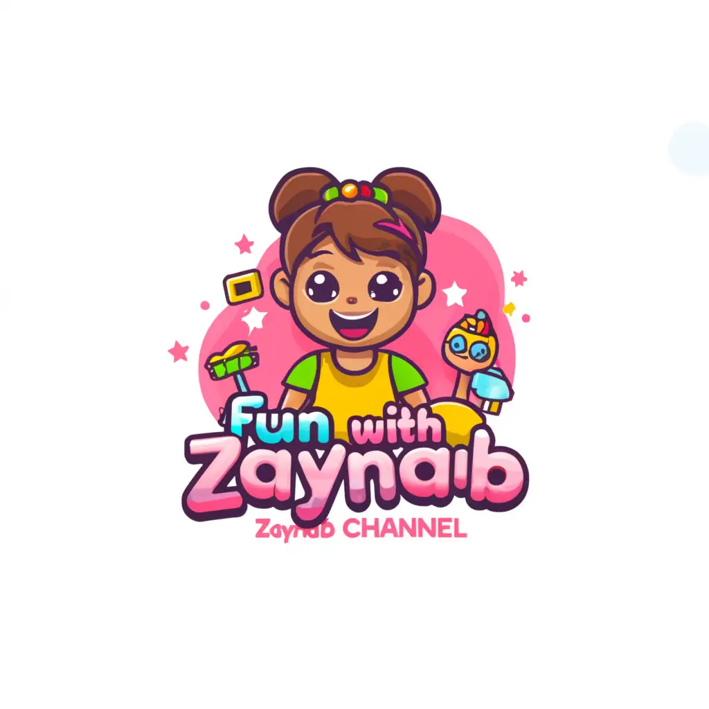 a logo design,with the text "Fun with zaynab", main symbol:A 6 year old that unboxs toys and stuff and plays Lego Girl Cute,Moderate,clear background