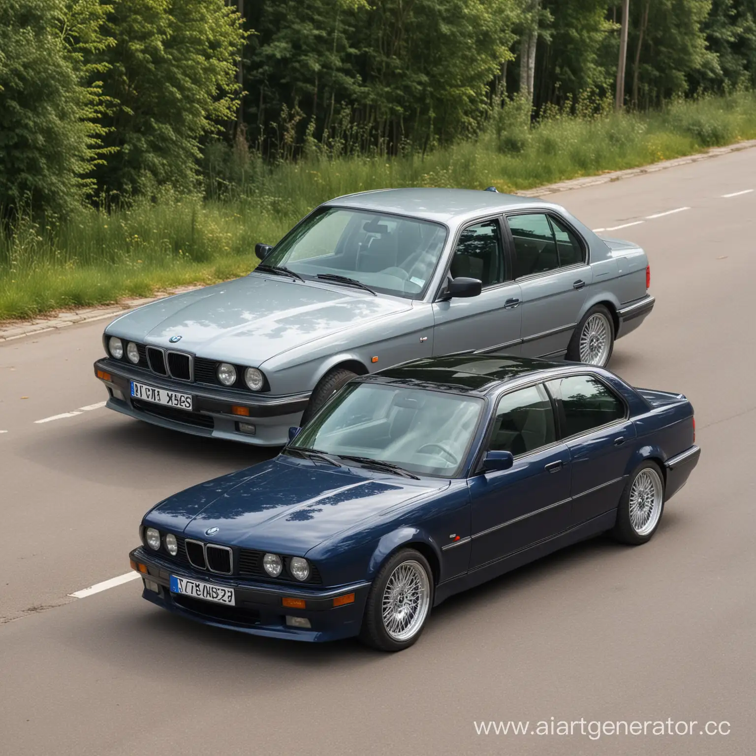Luxury-BMW-E34-Driving-beside-Classic-VAZ-2114