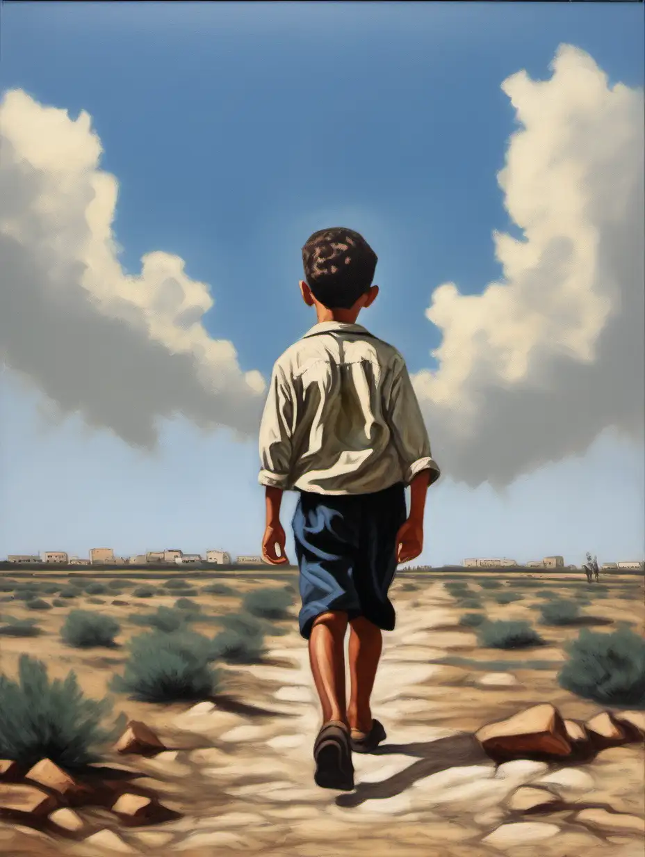 A socialist realism oil painting of an Israeli boy in the 1950s walking alone against a blue sky