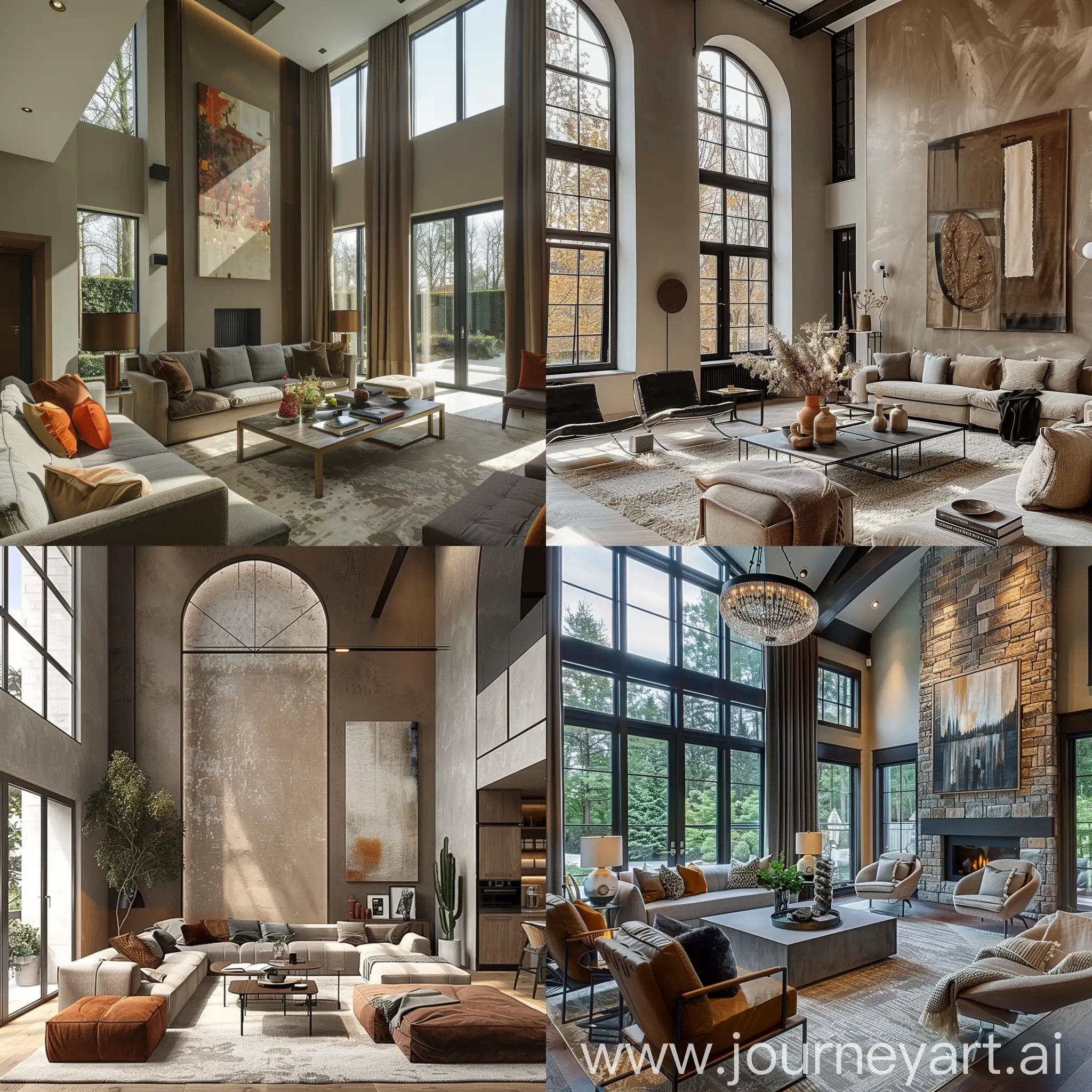 liviing room, high ceilings, warm colour palette, warm greys, warm browns, accents, big windows, modern