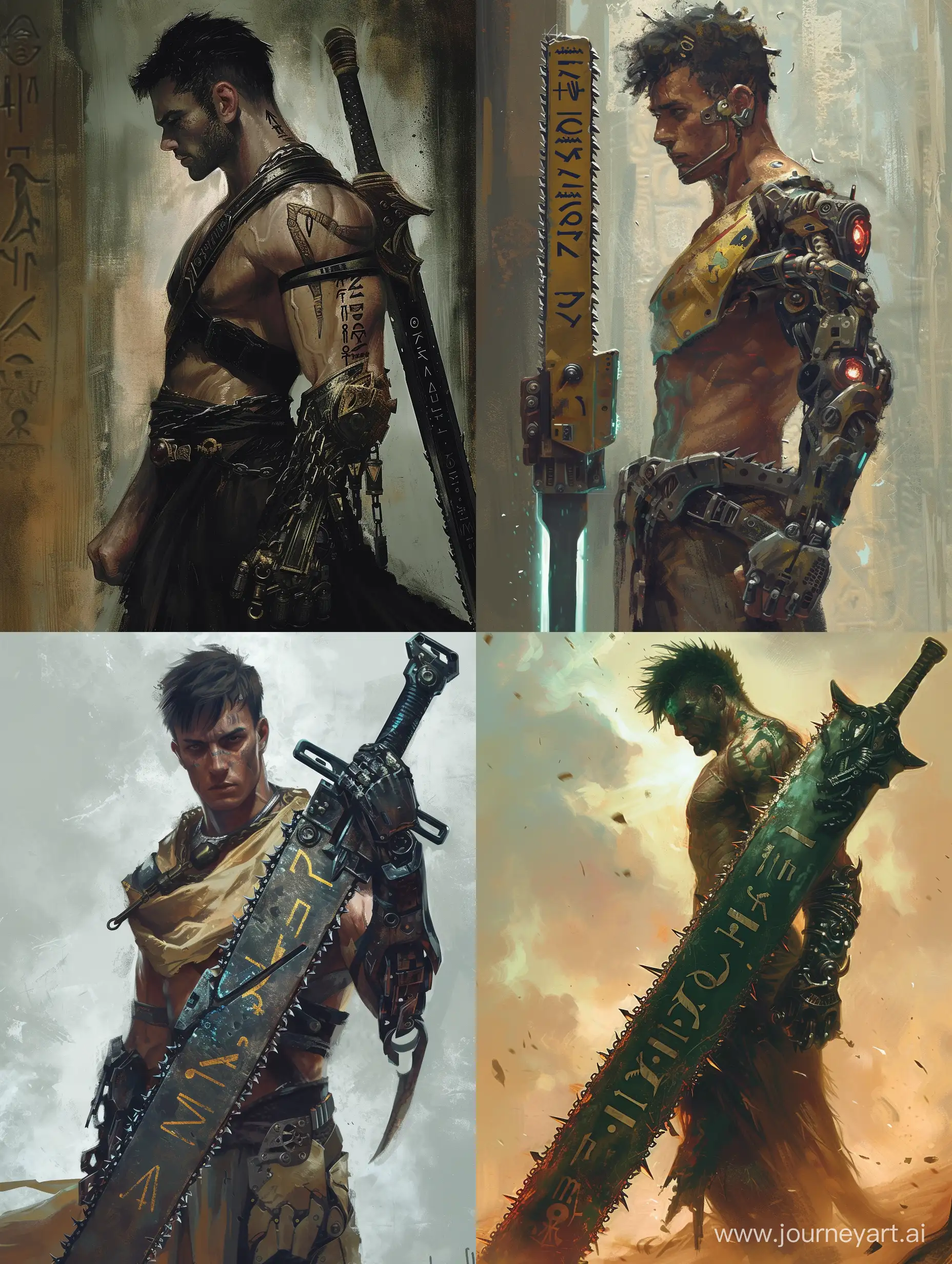 A man with sword [chainsaw blades,cuneiform letters curving on it]and right hand mechanical armglove[powerful,intricate],incredible detail,Steampunk,Digital Art,Fantasy Art.