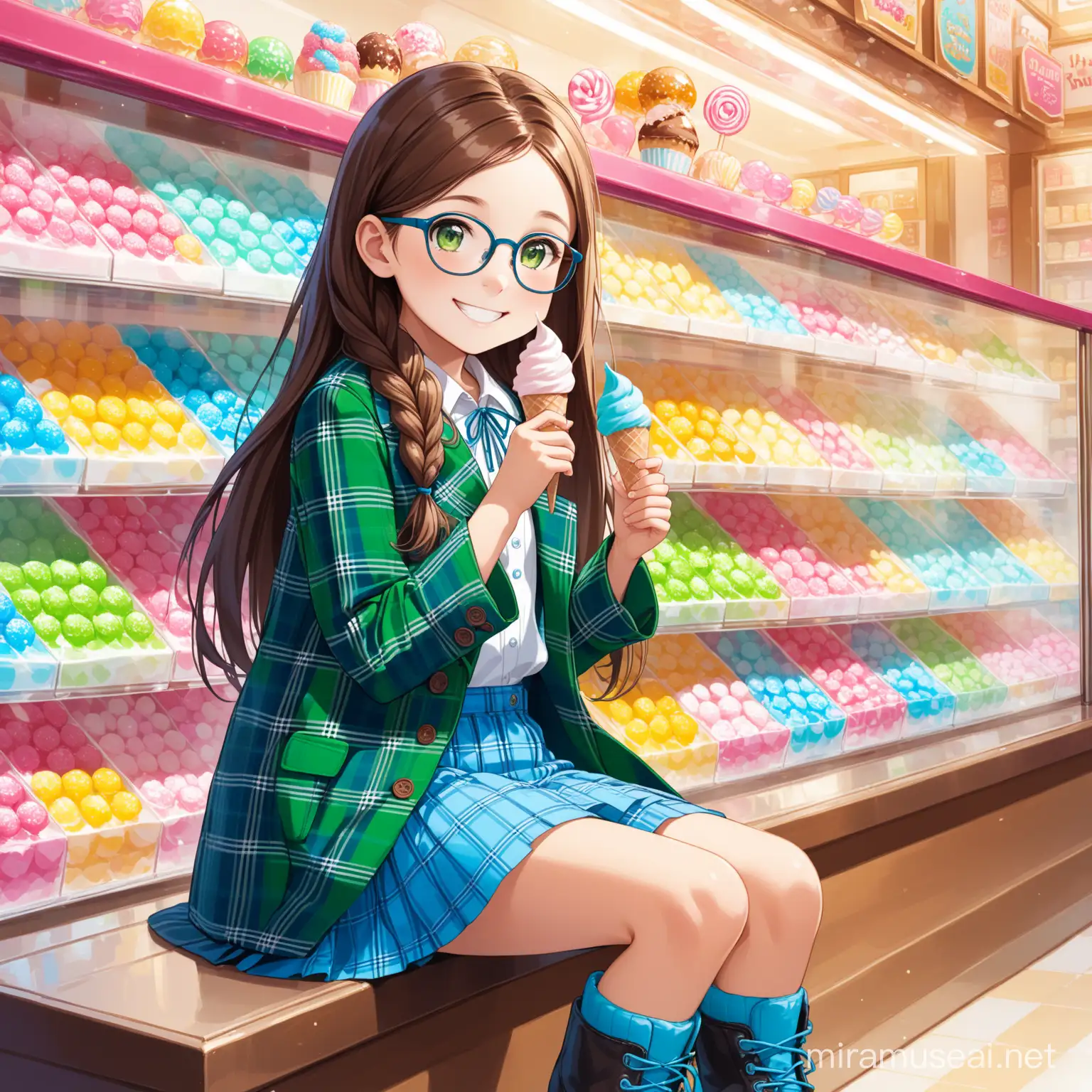 11 year old girl, long brown hair in a thick braid, green eyes, smiling, black glasses, long green and blue tartan coat, white shirt, blue skirt, eating candy and ice cream, smiling, blue laced up boots, sitting in a candy shop, 