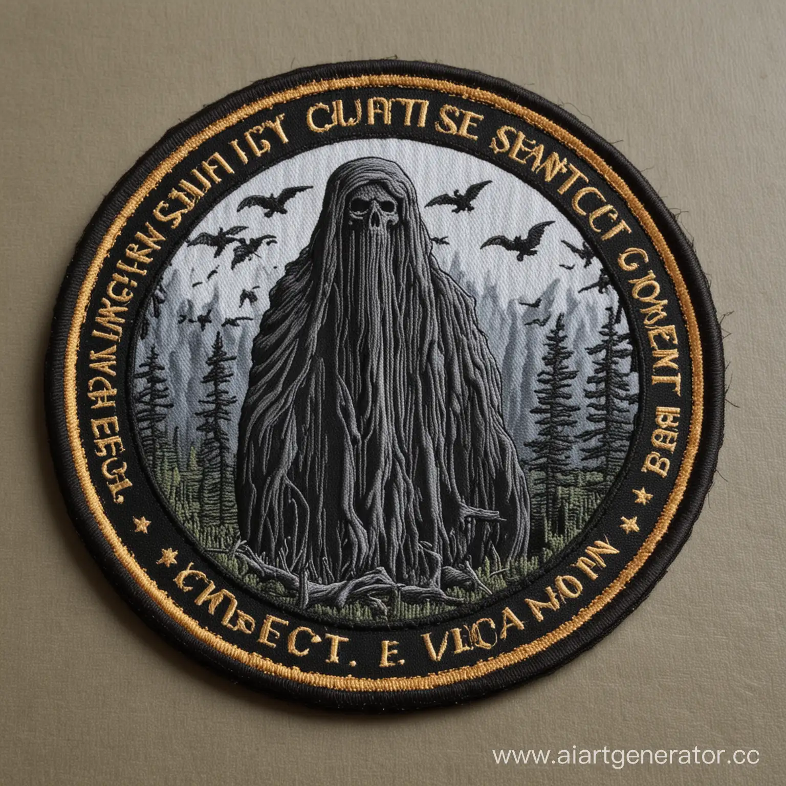 Нашивка ЧВК , с надписью Scorn , На нашивке должен быть призраки либо чёрный лес , реалистичная картина , без заднего фона