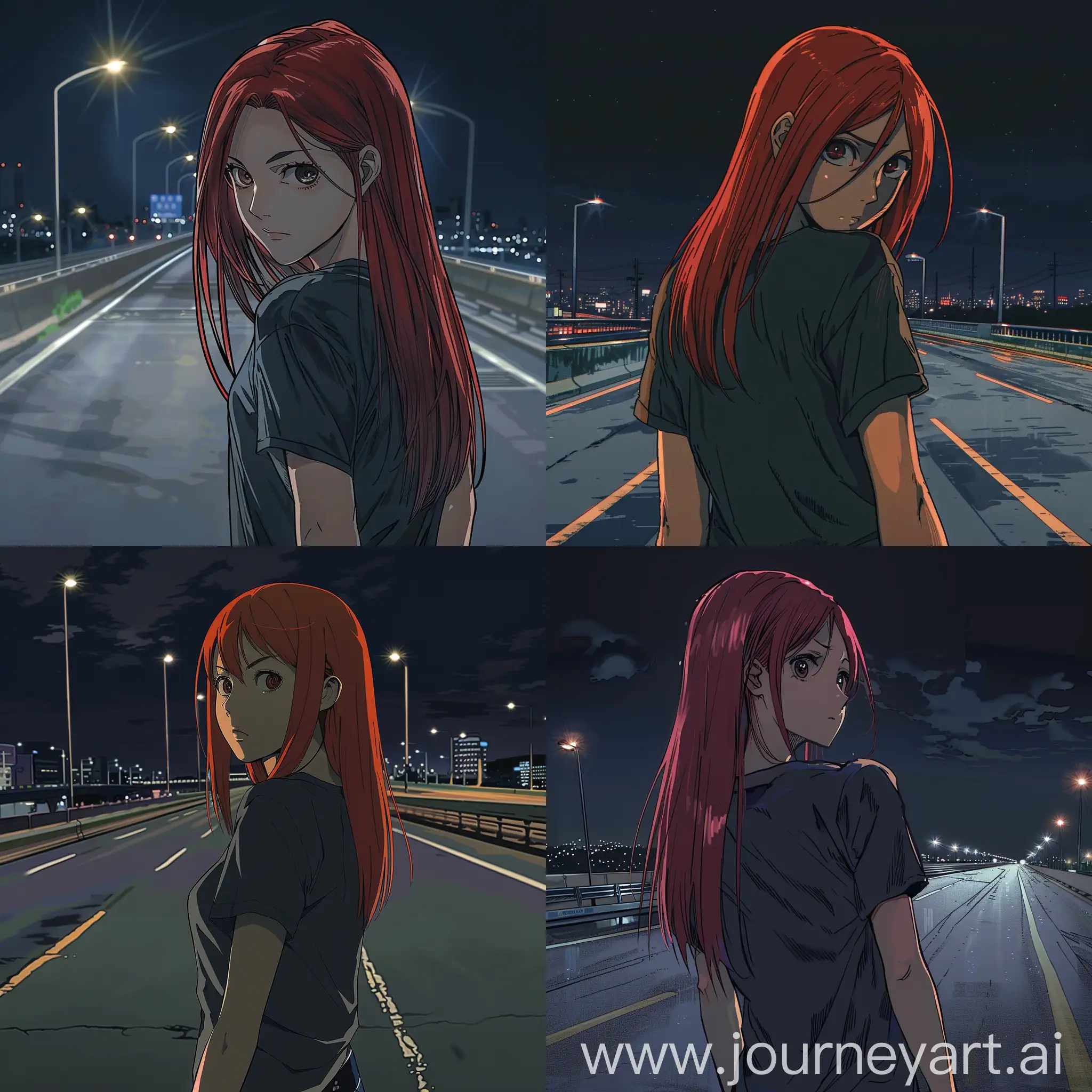 Девушка с прямыми рыжими волосами в темной майке оборачивается через плечо и смотрит вдаль в ночном городское шоссе в аниме рисовке