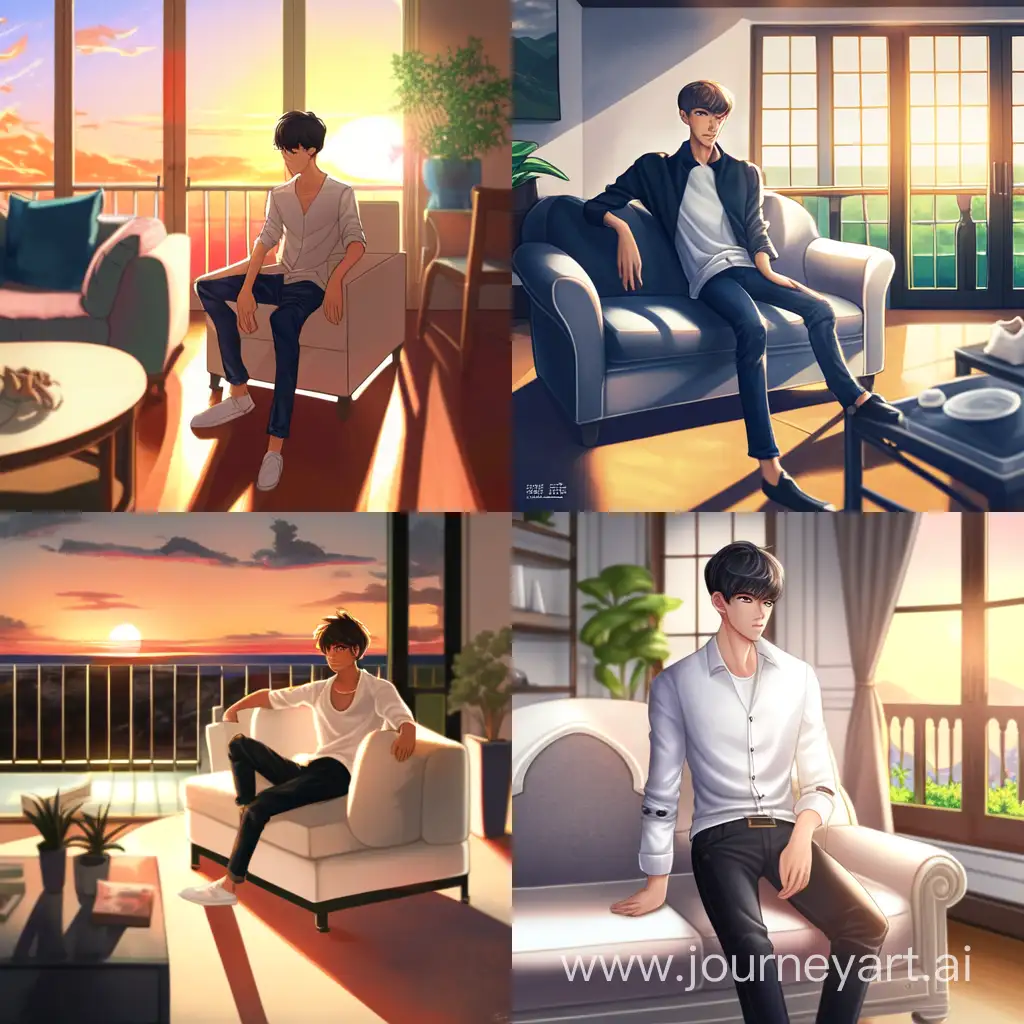 a anime 23 year old boy, slim neck, visible hand veins and collarbones, single breasted korean white shirt, black jeans, rich, light skin, tall, in his mansion's large living room with high detailed furnitures, arts and great morning sunset, atmosphere, balcony