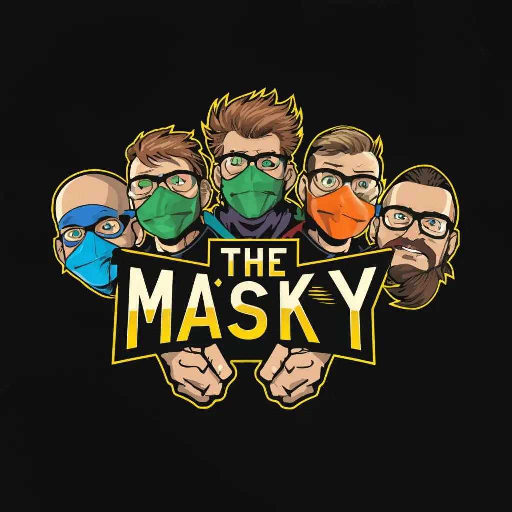 logo,  The logo features six guy of a group, each wearing a mask and posing with their hands some of them wearing glasses and the rest has shown their eyes . The have the words "The Masky" written on them, uniquely for each member. The overall design should convey a sense of unity, teamwork, and excitement for gaming. Make it simple, unique, and the background should be dark black, with the text "The Masky". Typography should be used in the entertainment industry. Write the word Masky clearly, not Nasky. 